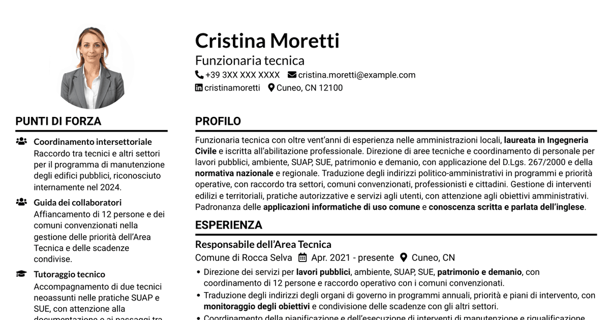 7 modelli di CV per Funzionario di Elevata Qualificazione - Gestione tecnica degli enti locali, con esempi