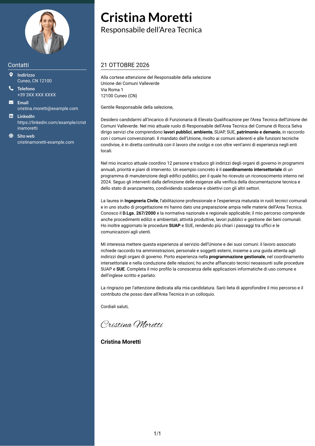 Lettera di presentazione Elegante (formato con colonna laterale colorata e foto): Funzionario di Elevata Qualificazione - Gestione tecnica degli enti locali, pagina 1