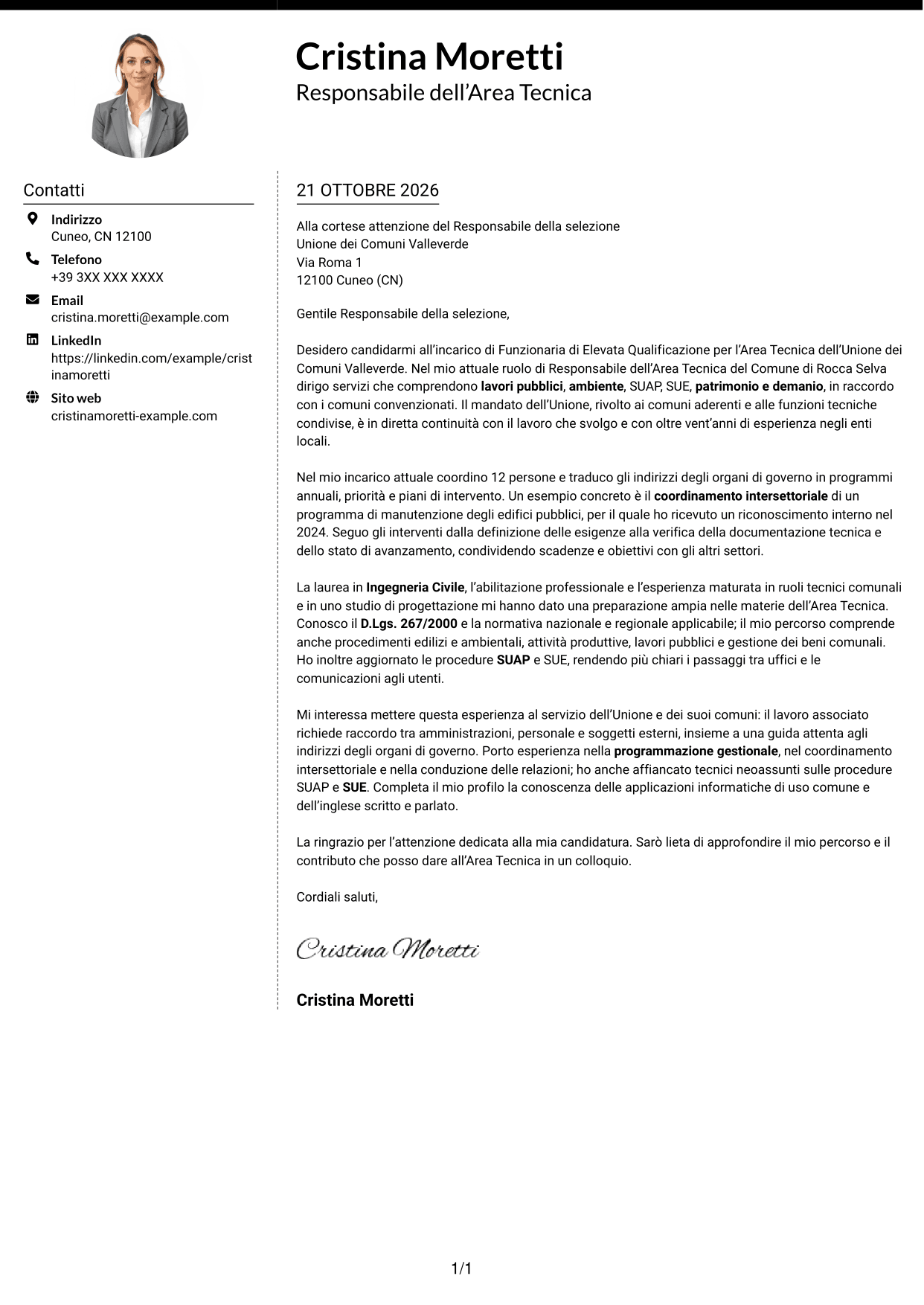 Lettera di presentazione Moderno (formato a due colonne con foto a sinistra e separatore): Funzionario di Elevata Qualificazione - Gestione tecnica degli enti locali, pagina 1