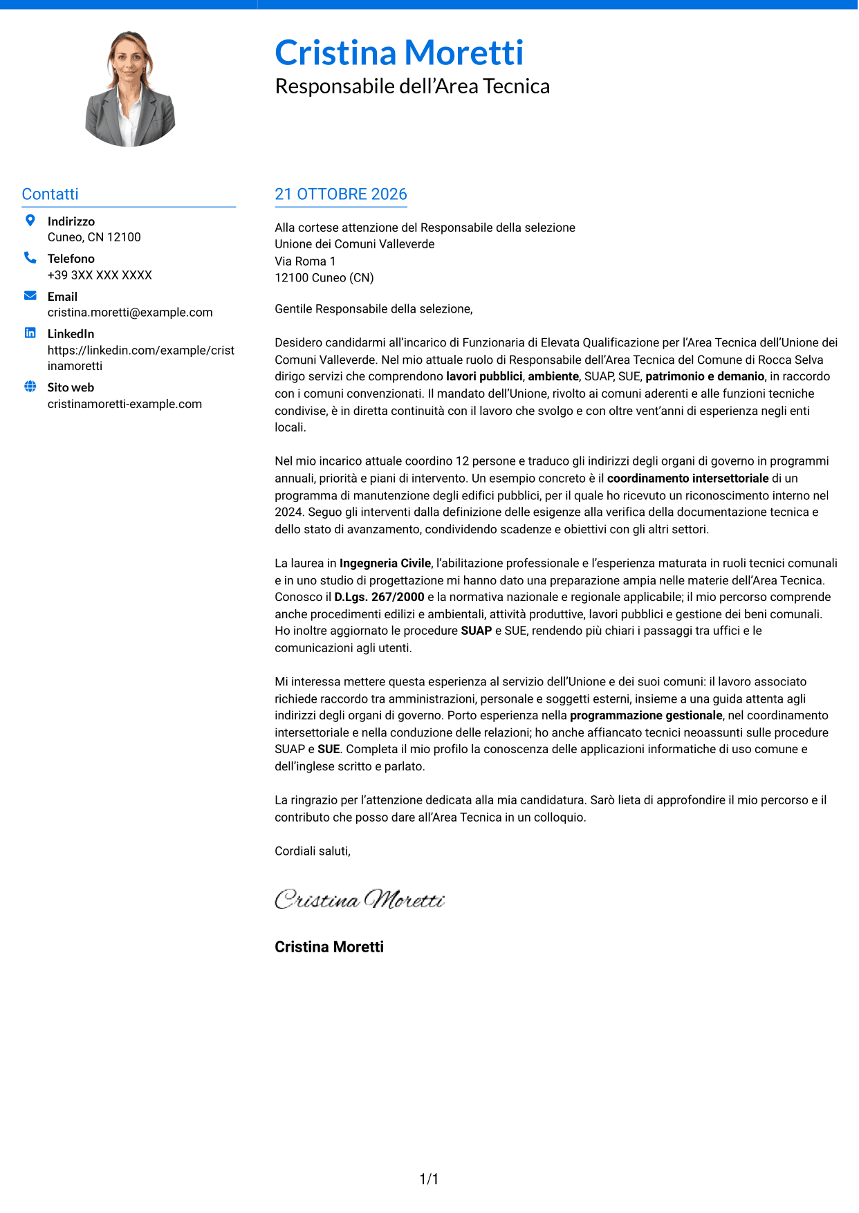 Lettera di presentazione Audace (formato a due colonne con accenti colorati e foto): Funzionario di Elevata Qualificazione - Gestione tecnica degli enti locali, pagina 1