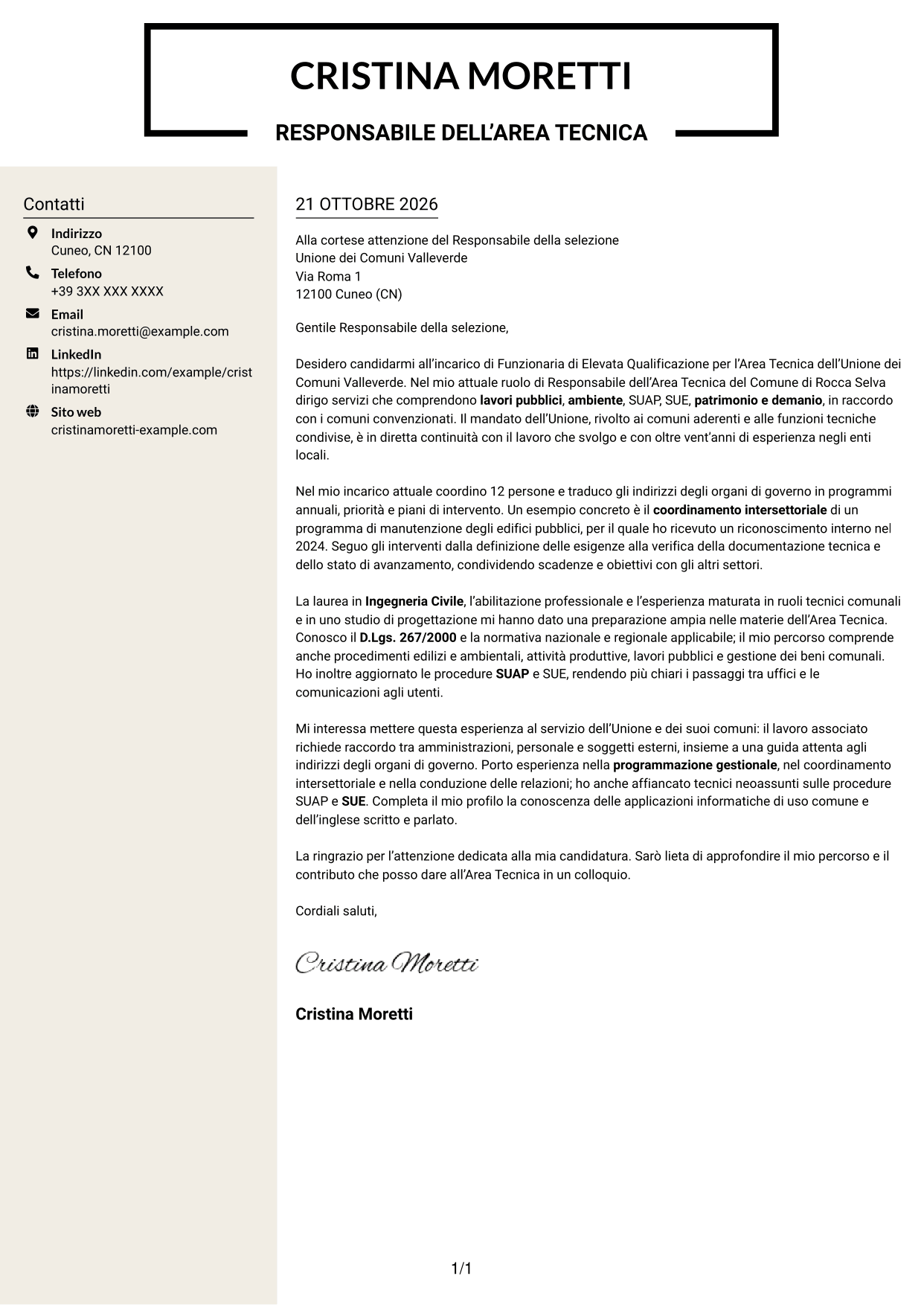 Lettera di presentazione Intraprendente (formato a due colonne con intestazione centrata senza foto): Funzionario di Elevata Qualificazione - Gestione tecnica degli enti locali, pagina 1