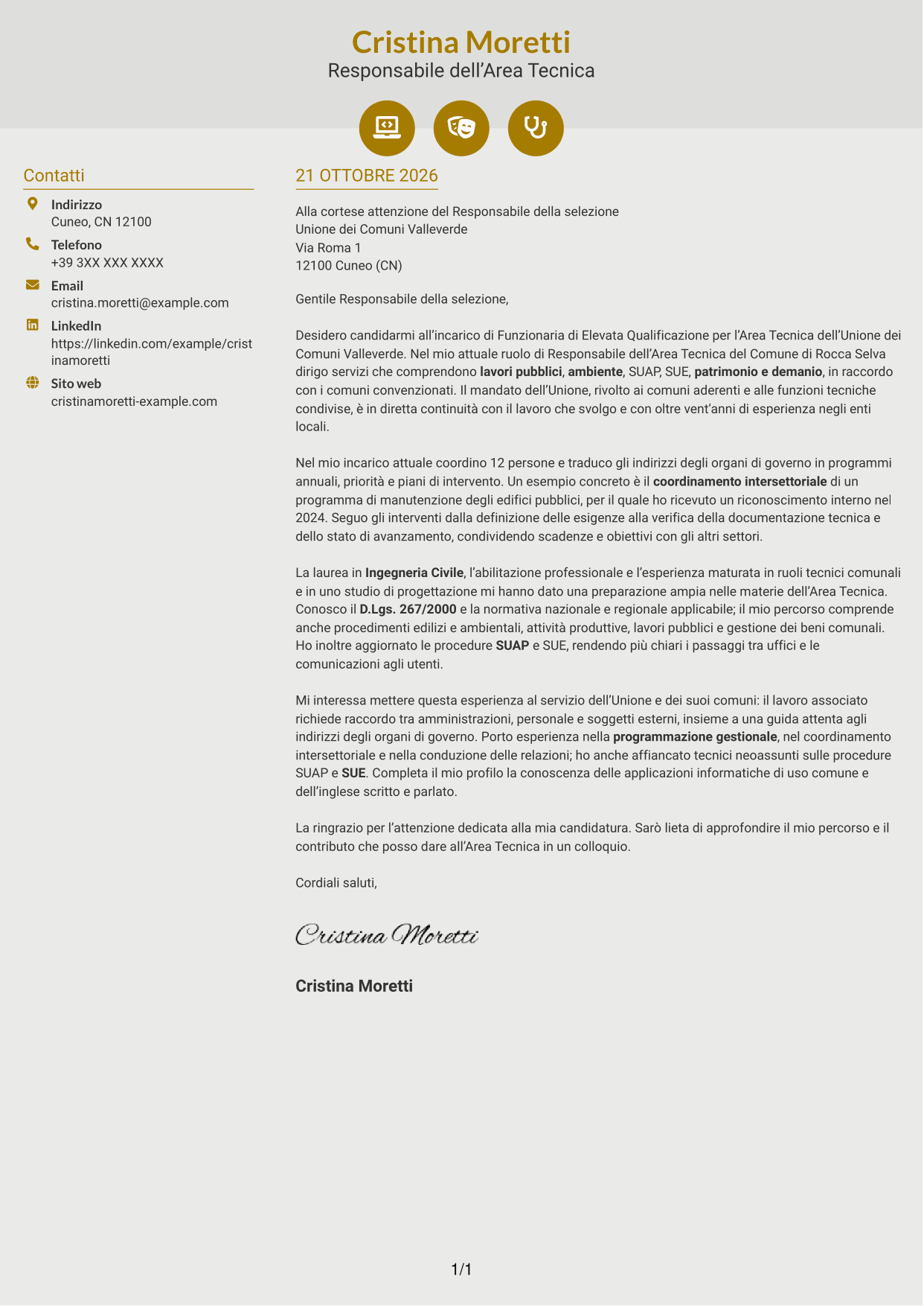 Lettera di presentazione Dinamico (formato a due colonne con icone): Funzionario di Elevata Qualificazione - Gestione tecnica degli enti locali, pagina 1