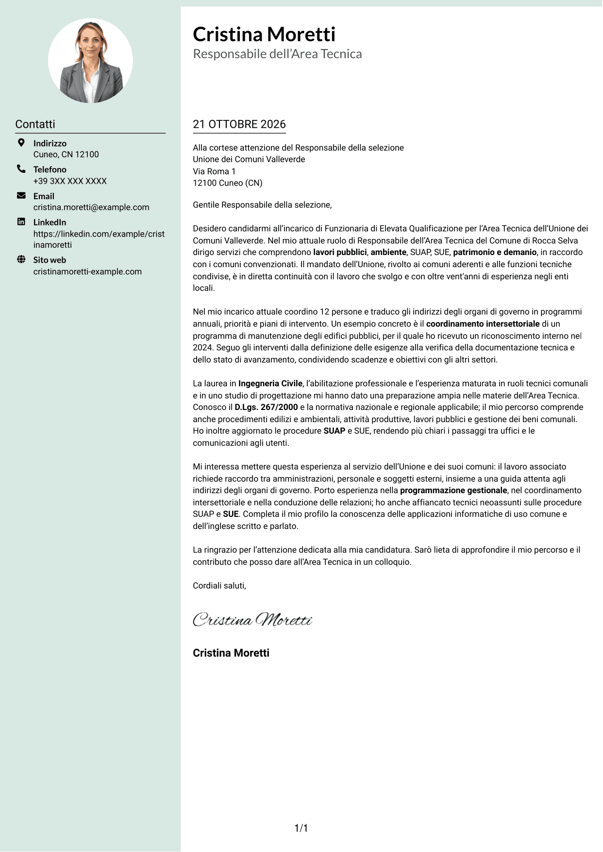 Lettera di presentazione Dirigente (formato con colonna laterale tenue e foto arrotondata): Funzionario di Elevata Qualificazione - Gestione tecnica degli enti locali, pagina 1