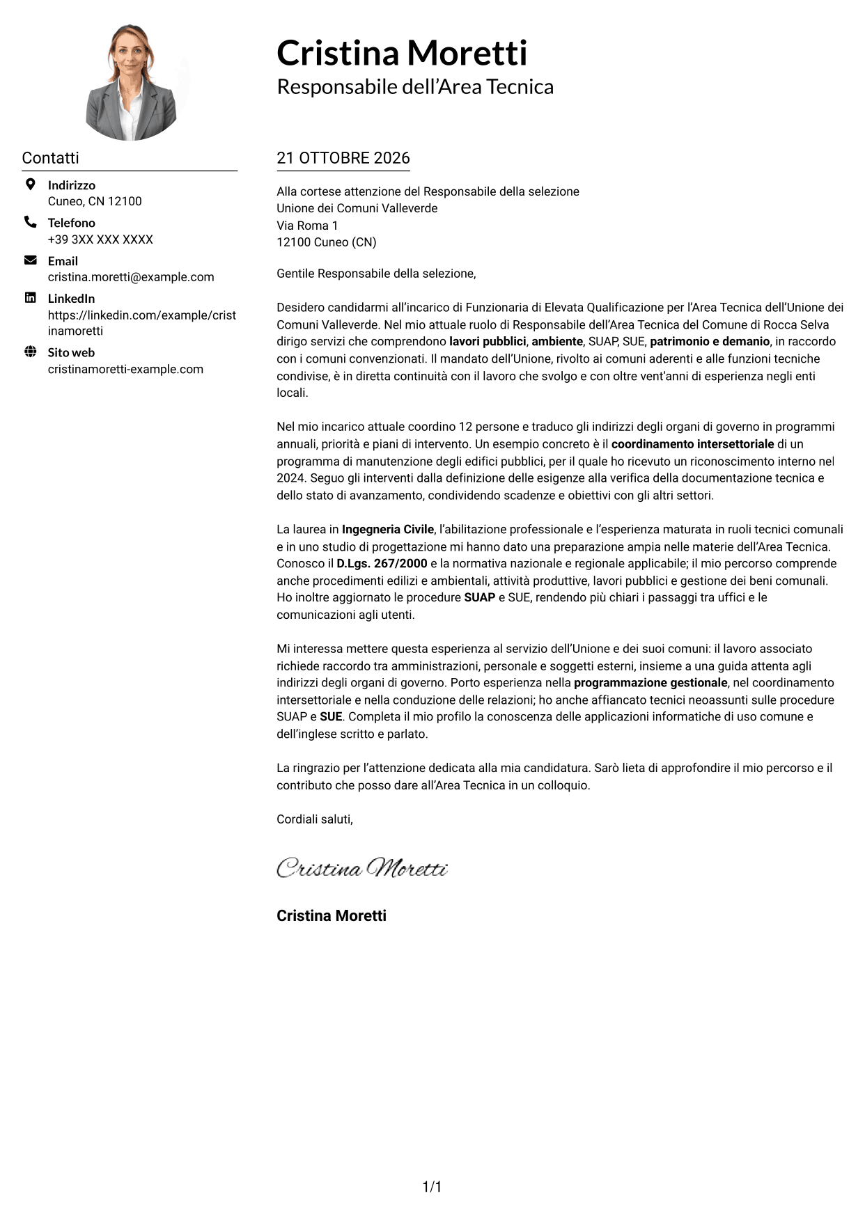 Esempio di lettera di presentazione — pagina 1