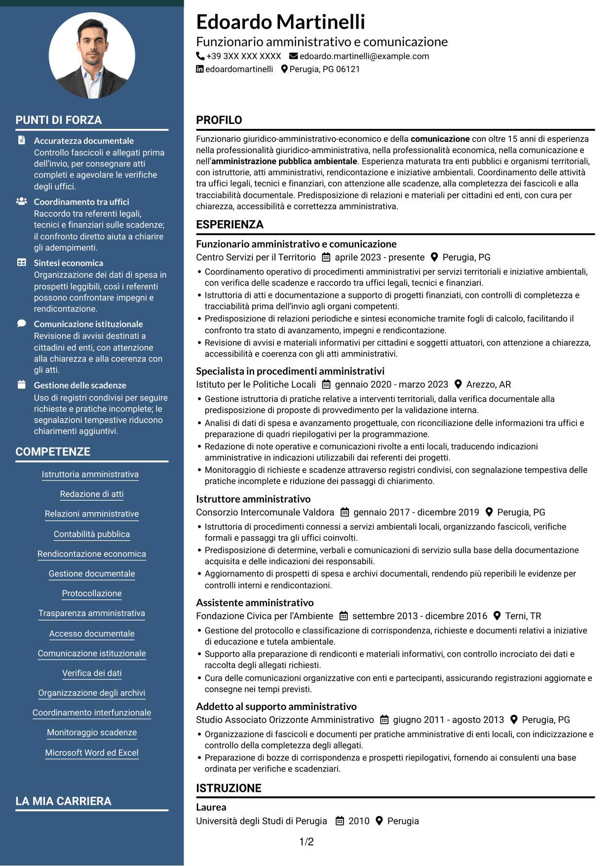 CV Elegante (formato con colonna laterale colorata e foto): Funzionario giuridico-amministrativo-economico e della comunicazione - Amministrazione ambientale, pagina 1