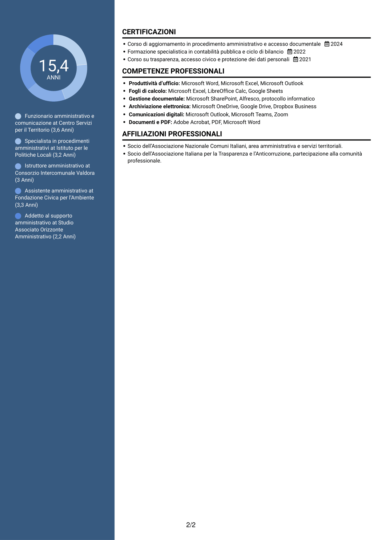 CV Elegante (formato con colonna laterale colorata e foto): Funzionario giuridico-amministrativo-economico e della comunicazione - Amministrazione ambientale, pagina 2