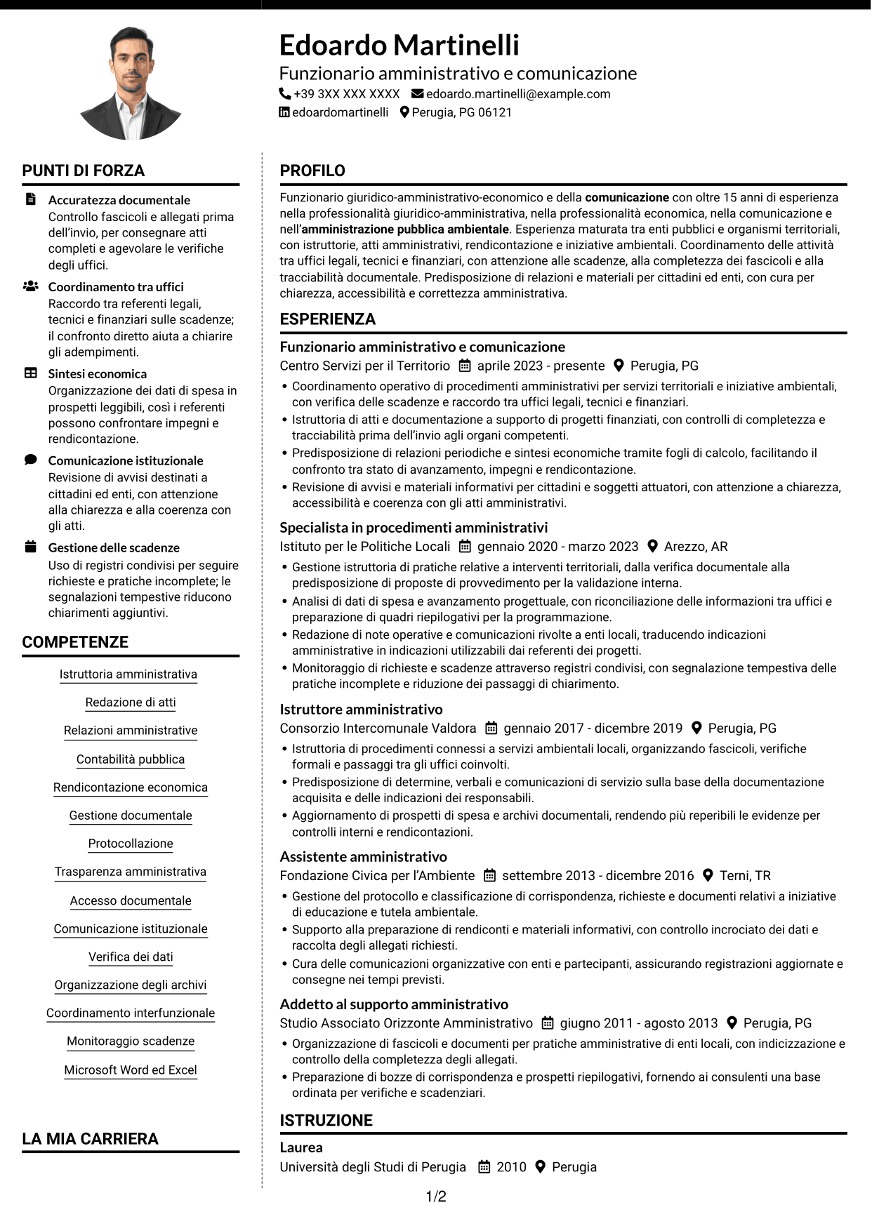 CV Moderno (formato a due colonne con foto a sinistra e separatore): Funzionario giuridico-amministrativo-economico e della comunicazione - Amministrazione ambientale, pagina 1