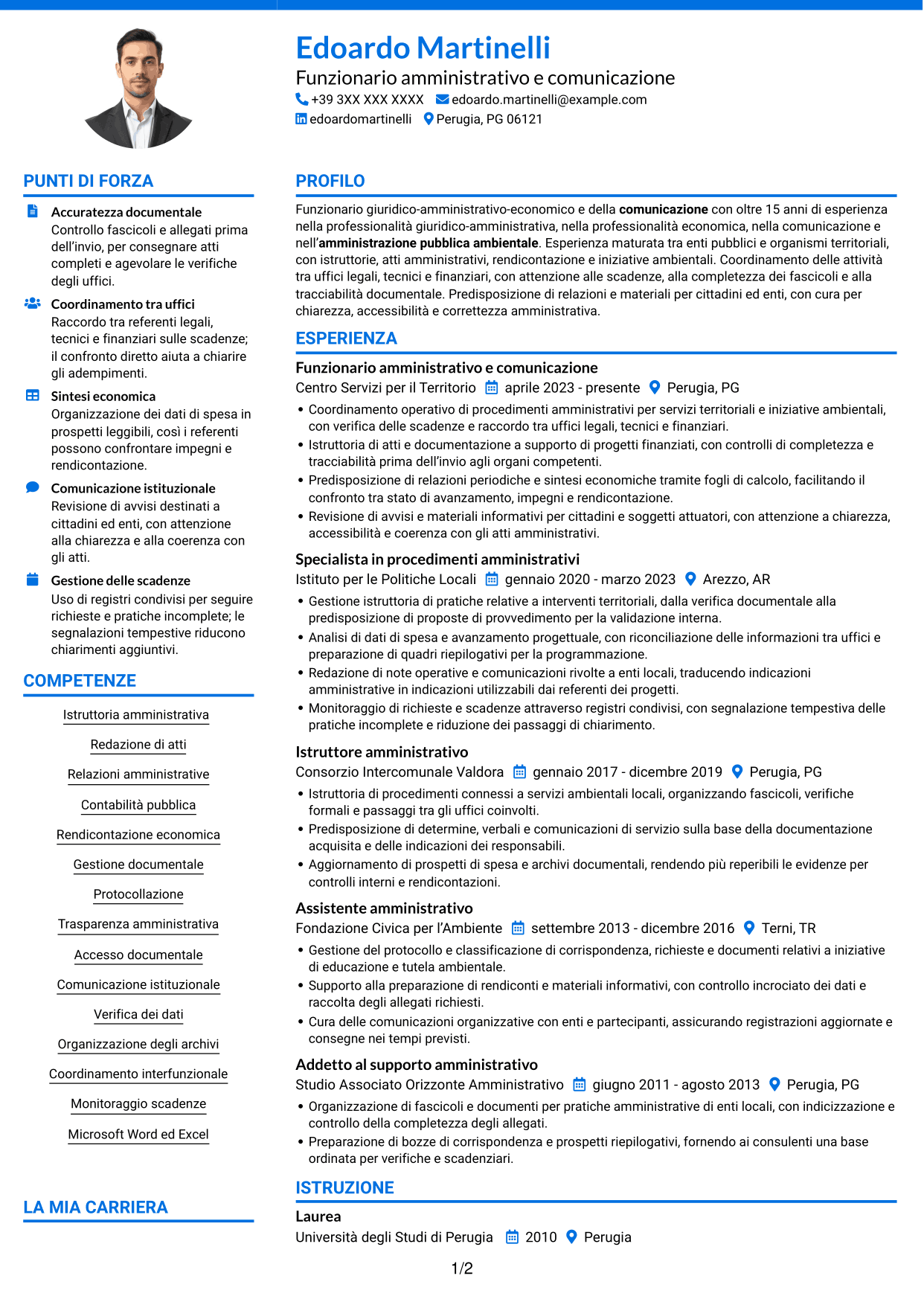 CV Audace (formato a due colonne con accenti colorati e foto): Funzionario giuridico-amministrativo-economico e della comunicazione - Amministrazione ambientale, pagina 1
