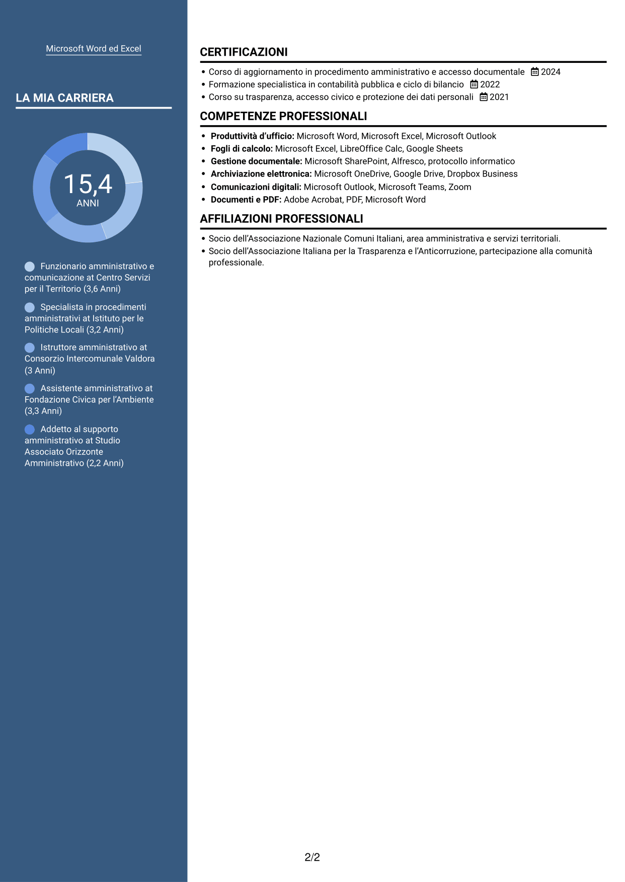 CV Signature (formato con colonna laterale colorata e foto grande): Funzionario giuridico-amministrativo-economico e della comunicazione - Amministrazione ambientale, pagina 2
