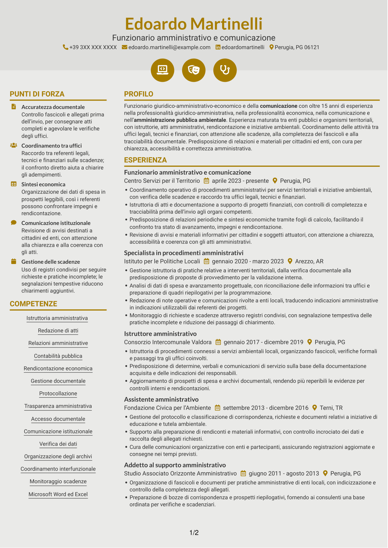 CV Dinamico (formato a due colonne con icone): Funzionario giuridico-amministrativo-economico e della comunicazione - Amministrazione ambientale, pagina 1