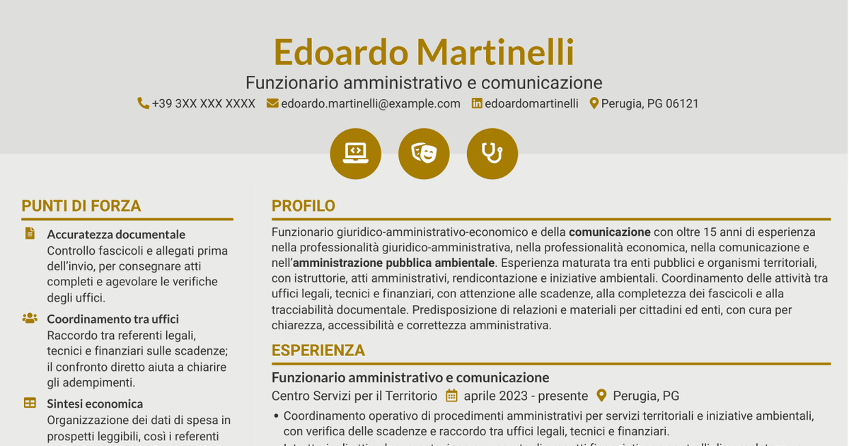7 modelli di CV per Funzionario giuridico-amministrativo-economico e della comunicazione - Amministrazione ambientale, con esempi