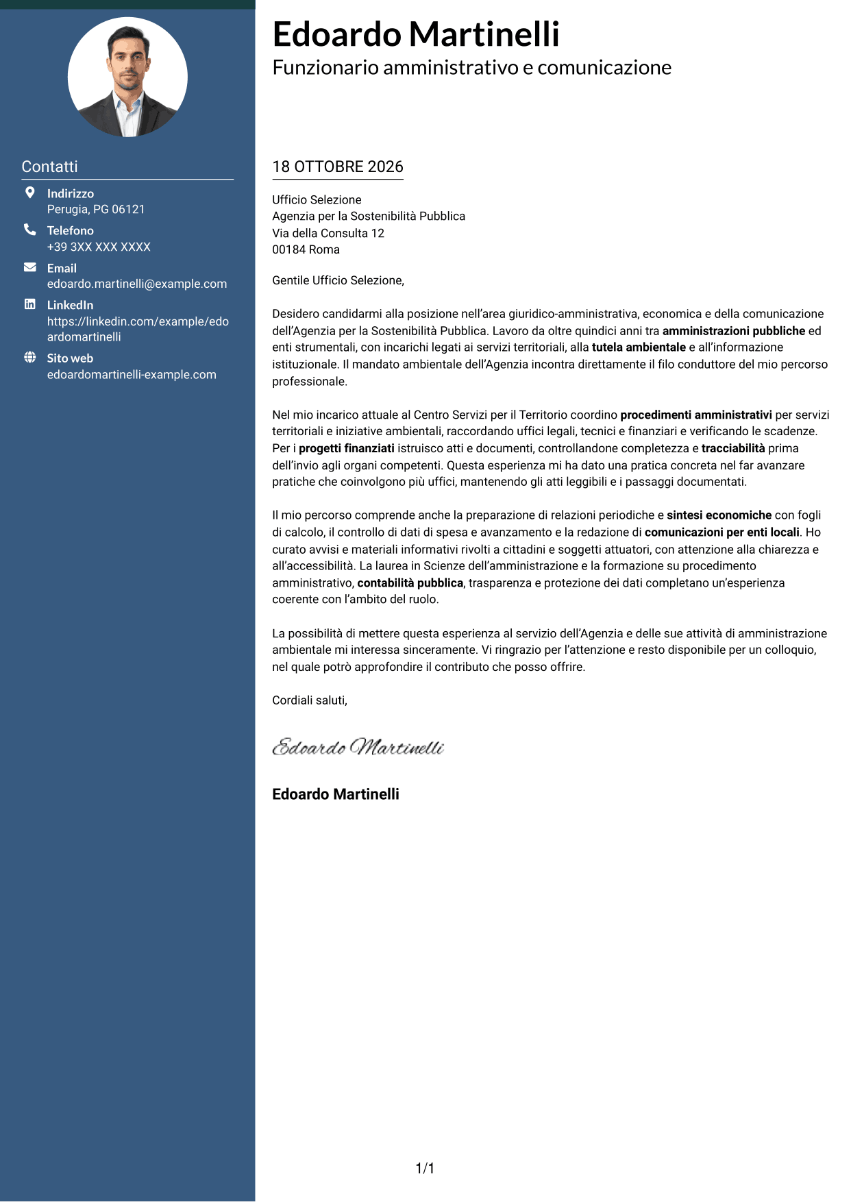 Lettera di presentazione Elegante (formato con colonna laterale colorata e foto): Funzionario giuridico-amministrativo-economico e della comunicazione - Amministrazione ambientale, pagina 1