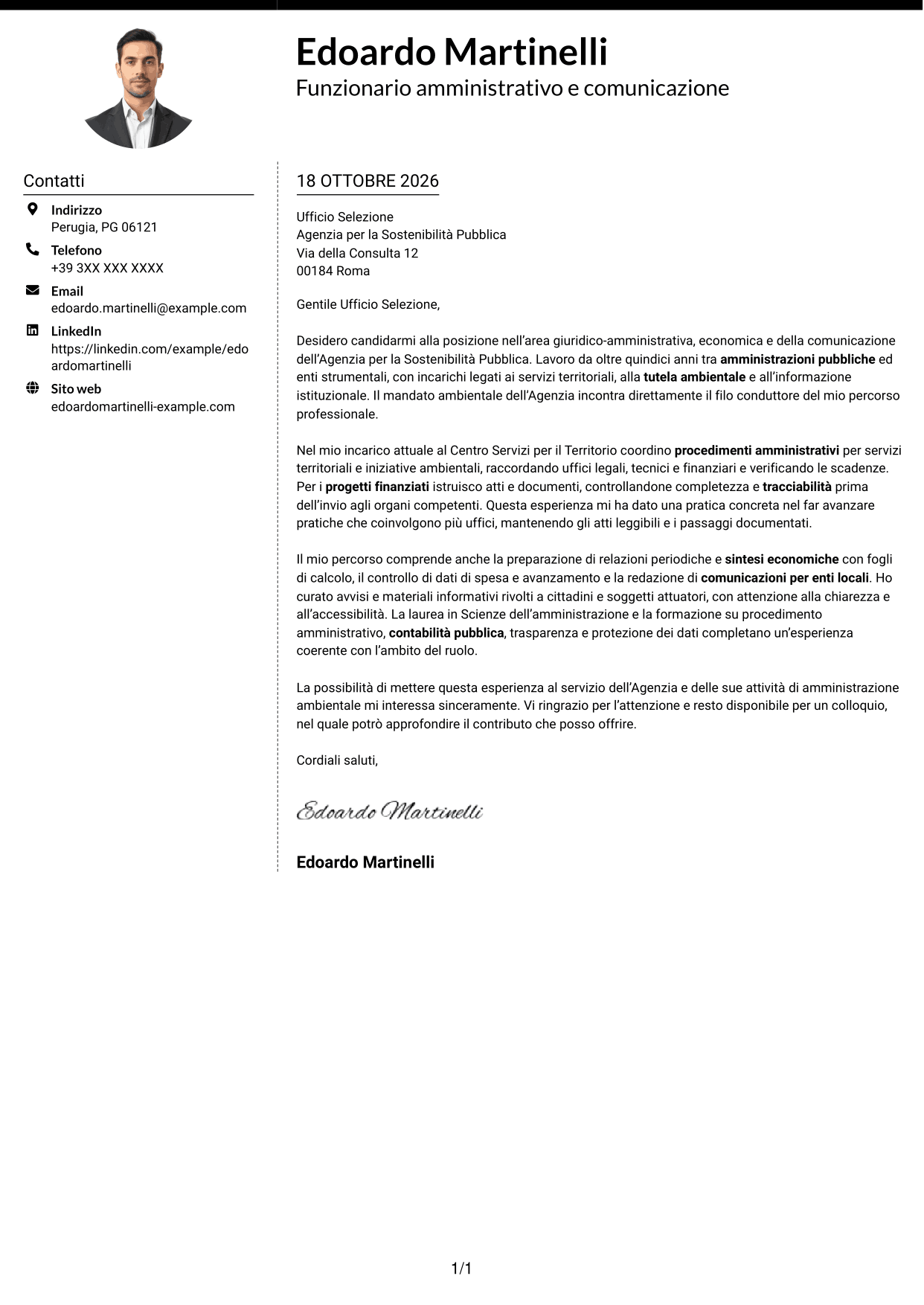 Lettera di presentazione Moderno (formato a due colonne con foto a sinistra e separatore): Funzionario giuridico-amministrativo-economico e della comunicazione - Amministrazione ambientale, pagina 1