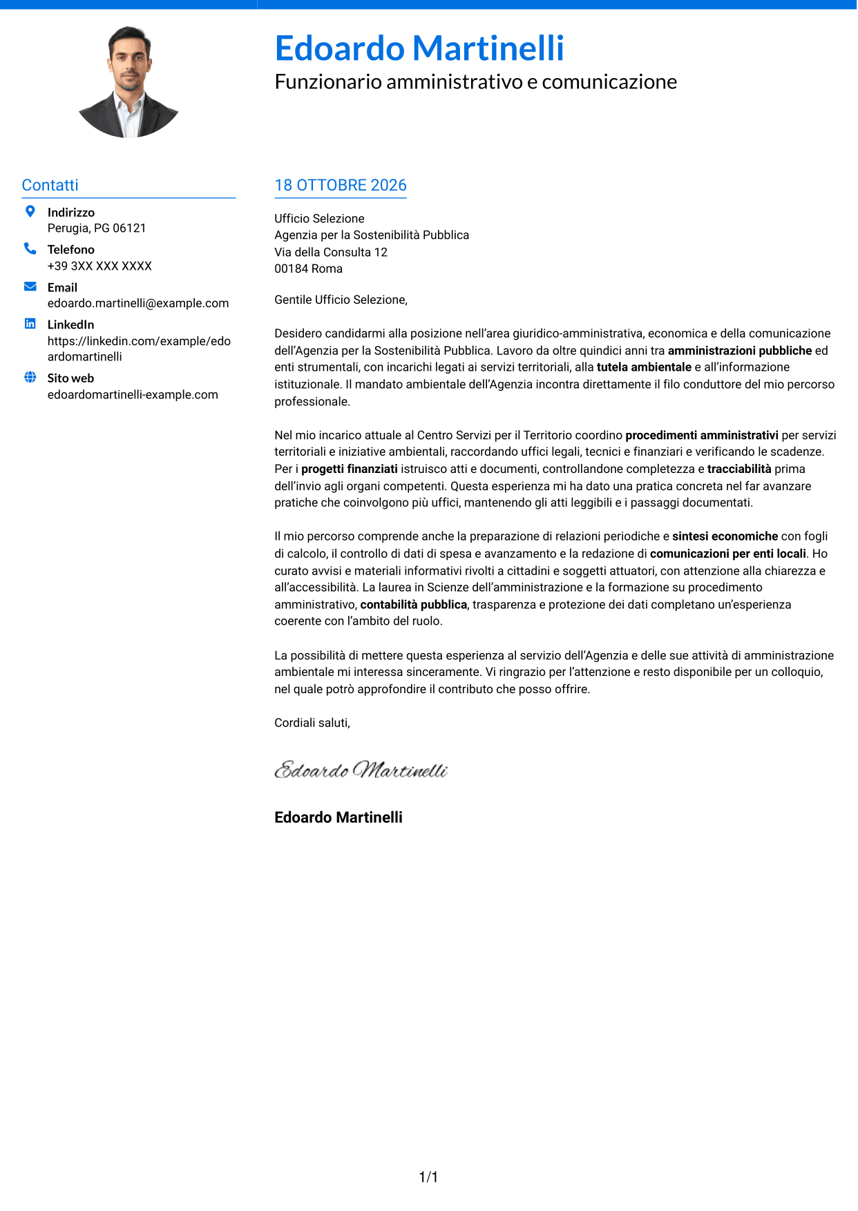 Lettera di presentazione Audace (formato a due colonne con accenti colorati e foto): Funzionario giuridico-amministrativo-economico e della comunicazione - Amministrazione ambientale, pagina 1