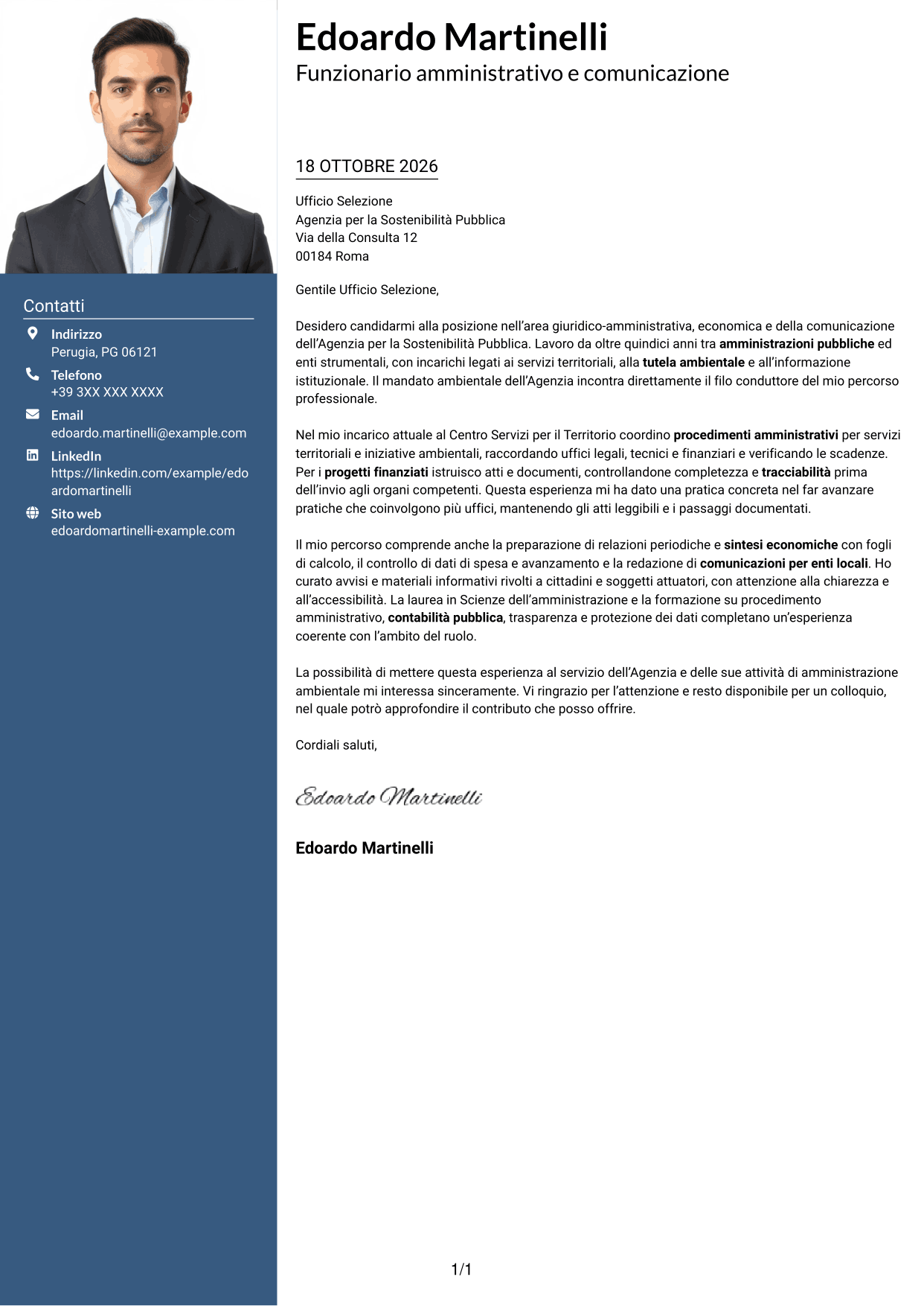 Lettera di presentazione Signature (formato con colonna laterale colorata e foto grande): Funzionario giuridico-amministrativo-economico e della comunicazione - Amministrazione ambientale, pagina 1