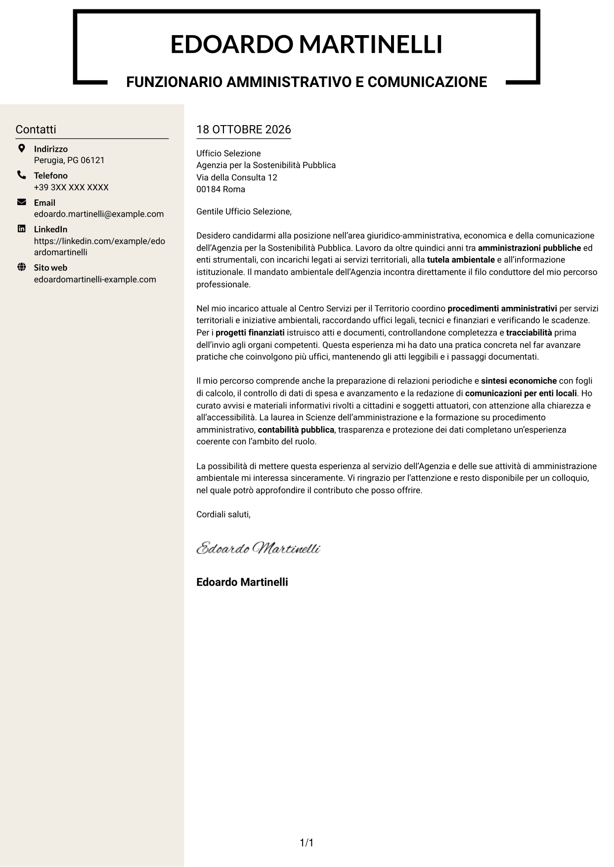 Lettera di presentazione Intraprendente (formato a due colonne con intestazione centrata senza foto): Funzionario giuridico-amministrativo-economico e della comunicazione - Amministrazione ambientale, pagina 1