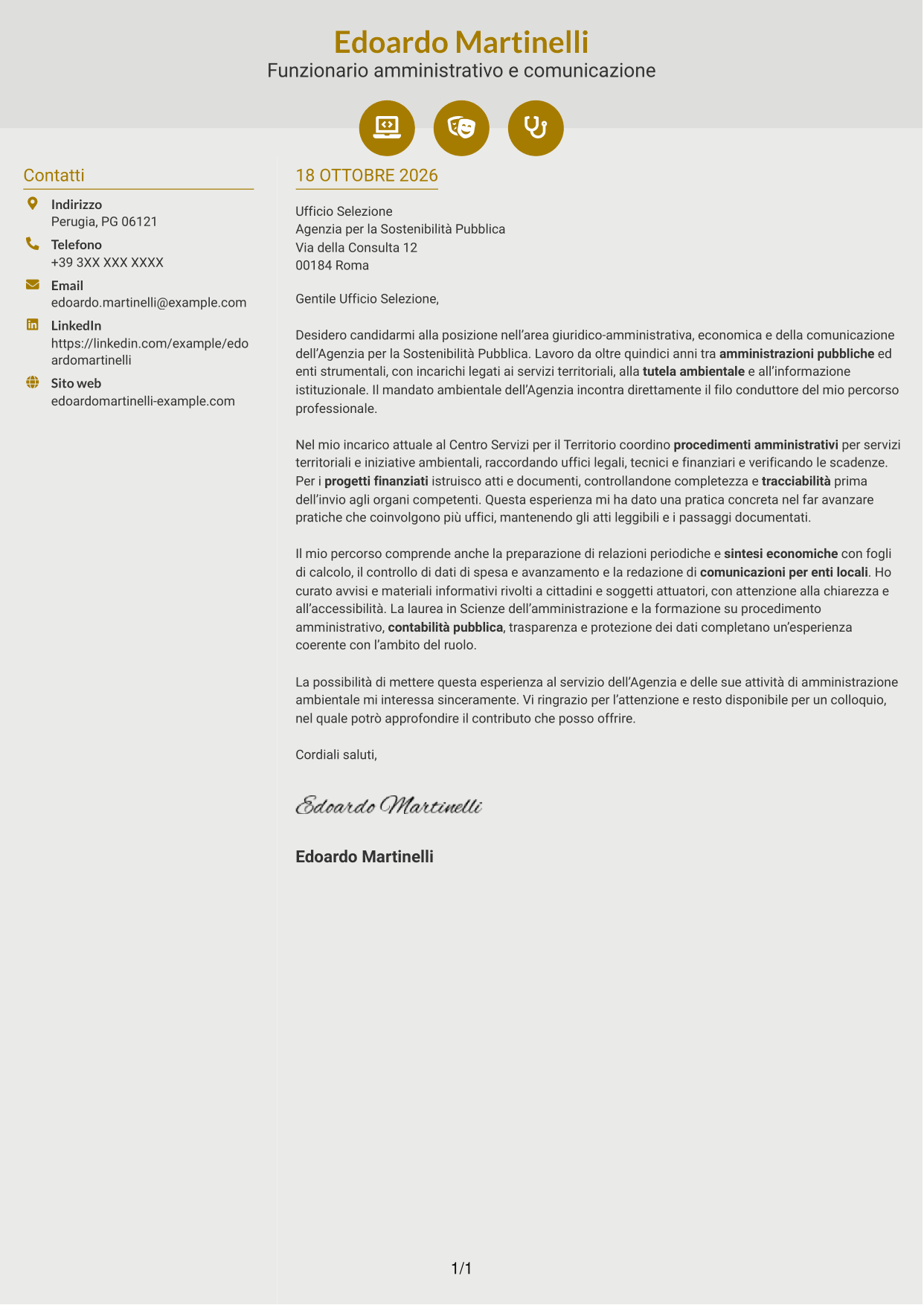 Lettera di presentazione Dinamico (formato a due colonne con icone): Funzionario giuridico-amministrativo-economico e della comunicazione - Amministrazione ambientale, pagina 1