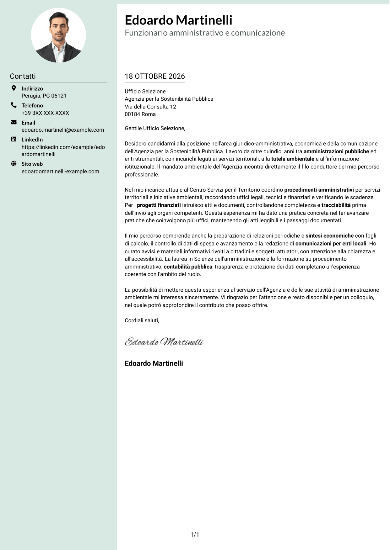 Lettera di presentazione Dirigente (formato con colonna laterale tenue e foto arrotondata): Funzionario giuridico-amministrativo-economico e della comunicazione - Amministrazione ambientale, pagina 1