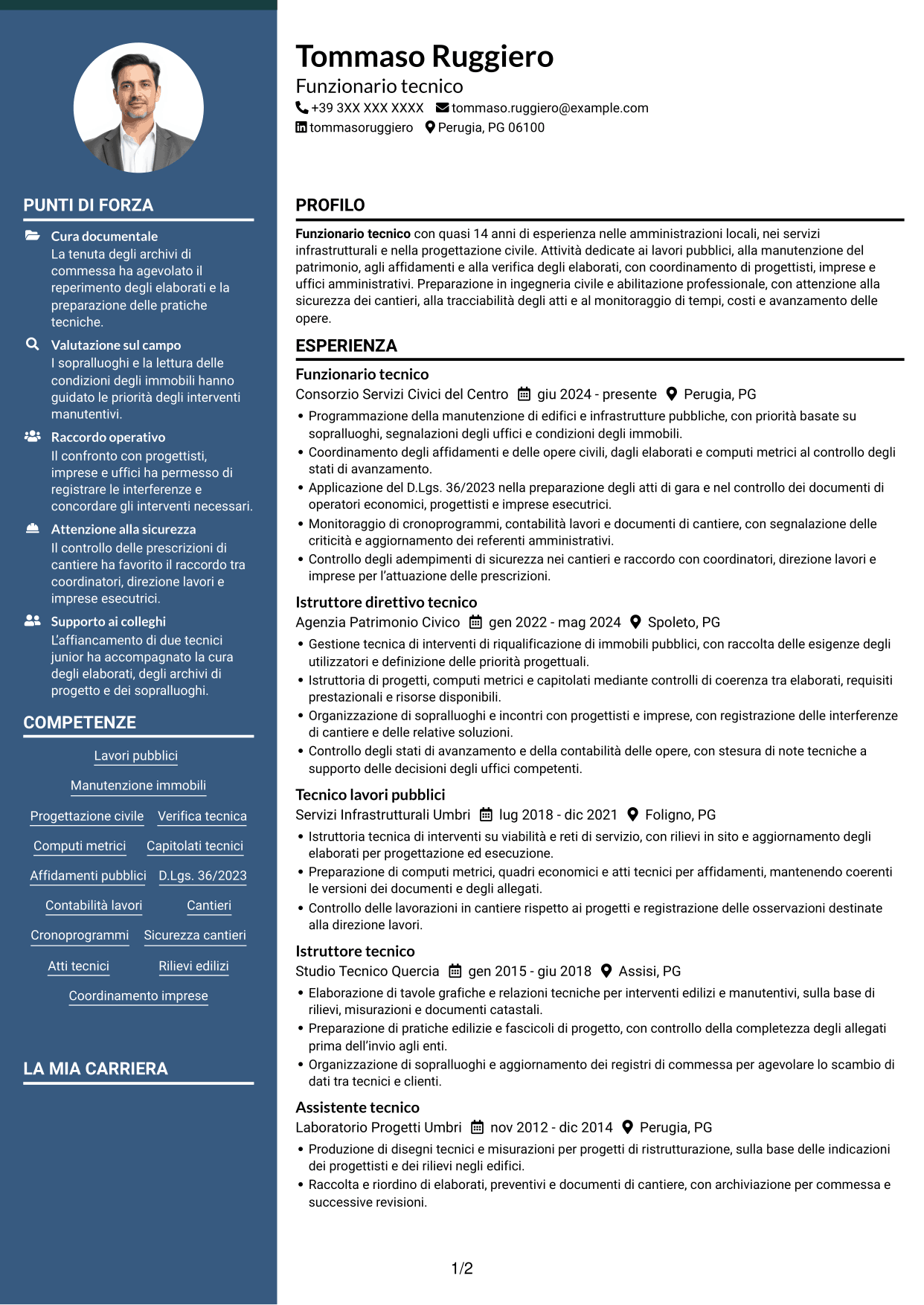 CV Elegante (formato con colonna laterale colorata e foto): Funzionario Tecnico, pagina 1