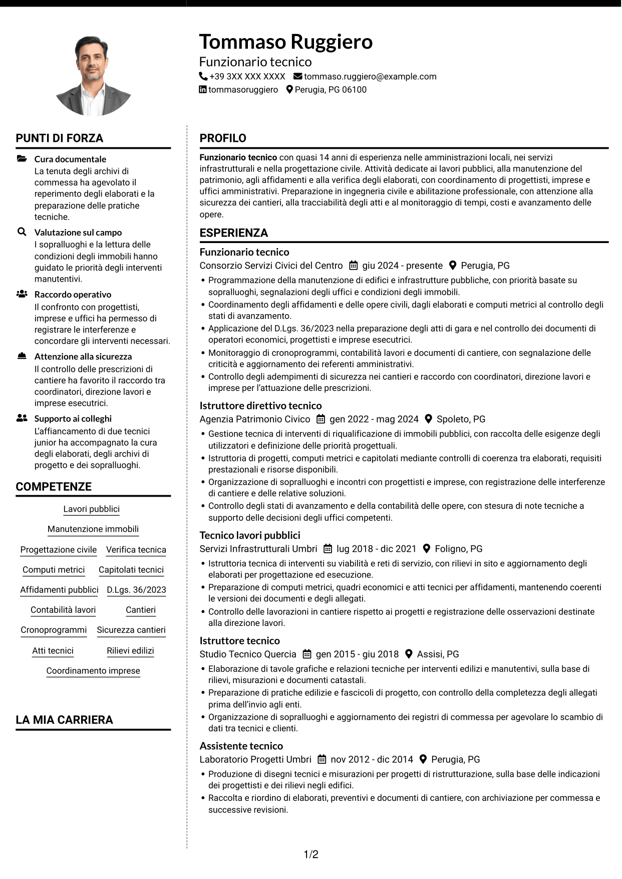 CV Moderno (formato a due colonne con foto a sinistra e separatore): Funzionario Tecnico, pagina 1