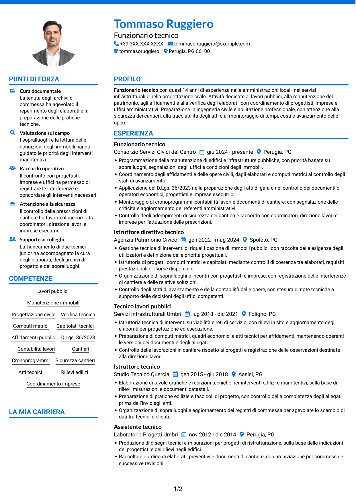 CV Audace (formato a due colonne con accenti colorati e foto): Funzionario Tecnico, pagina 1