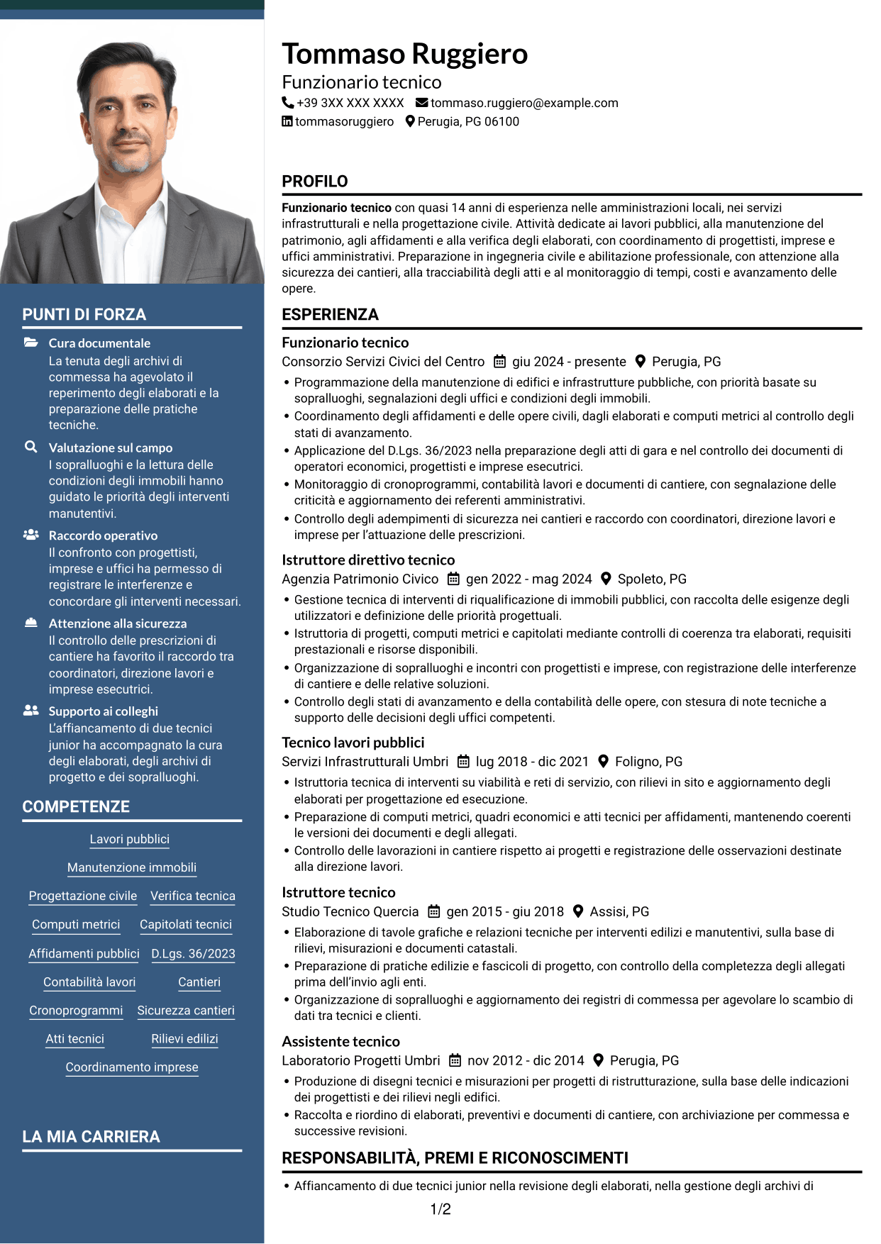 CV Signature (formato con colonna laterale colorata e foto grande): Funzionario Tecnico, pagina 1