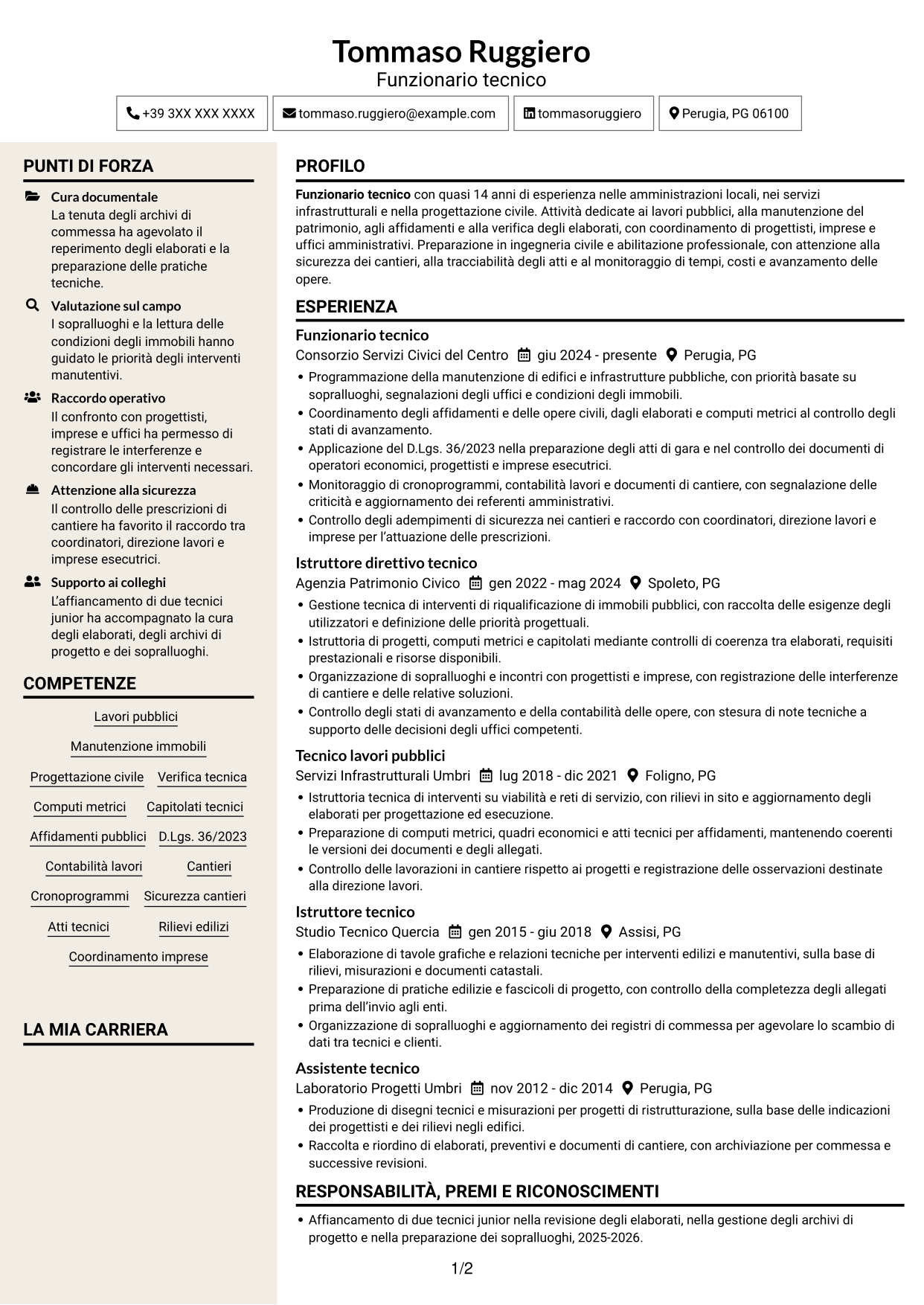 CV Intraprendente (formato a due colonne con intestazione centrata senza foto): Funzionario Tecnico, pagina 1