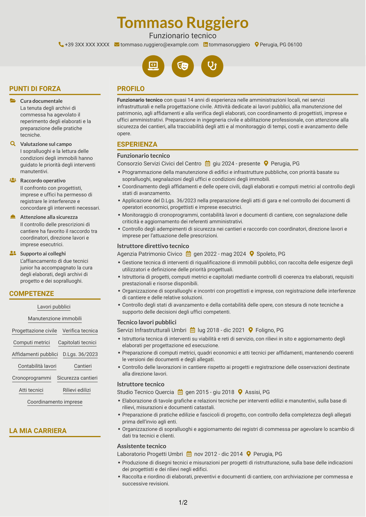 CV Dinamico (formato a due colonne con icone): Funzionario Tecnico, pagina 1
