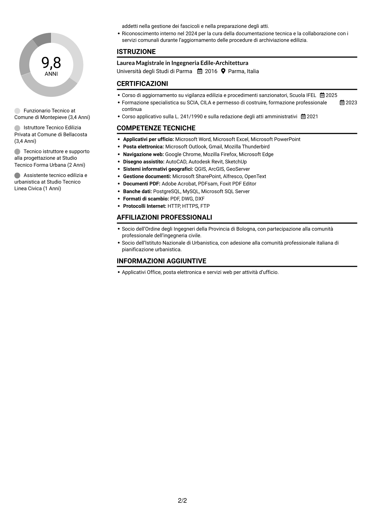 CV Compatto (formato sobrio a due colonne con foto): Funzionario Tecnico - Edilizia e Urbanistica, pagina 2