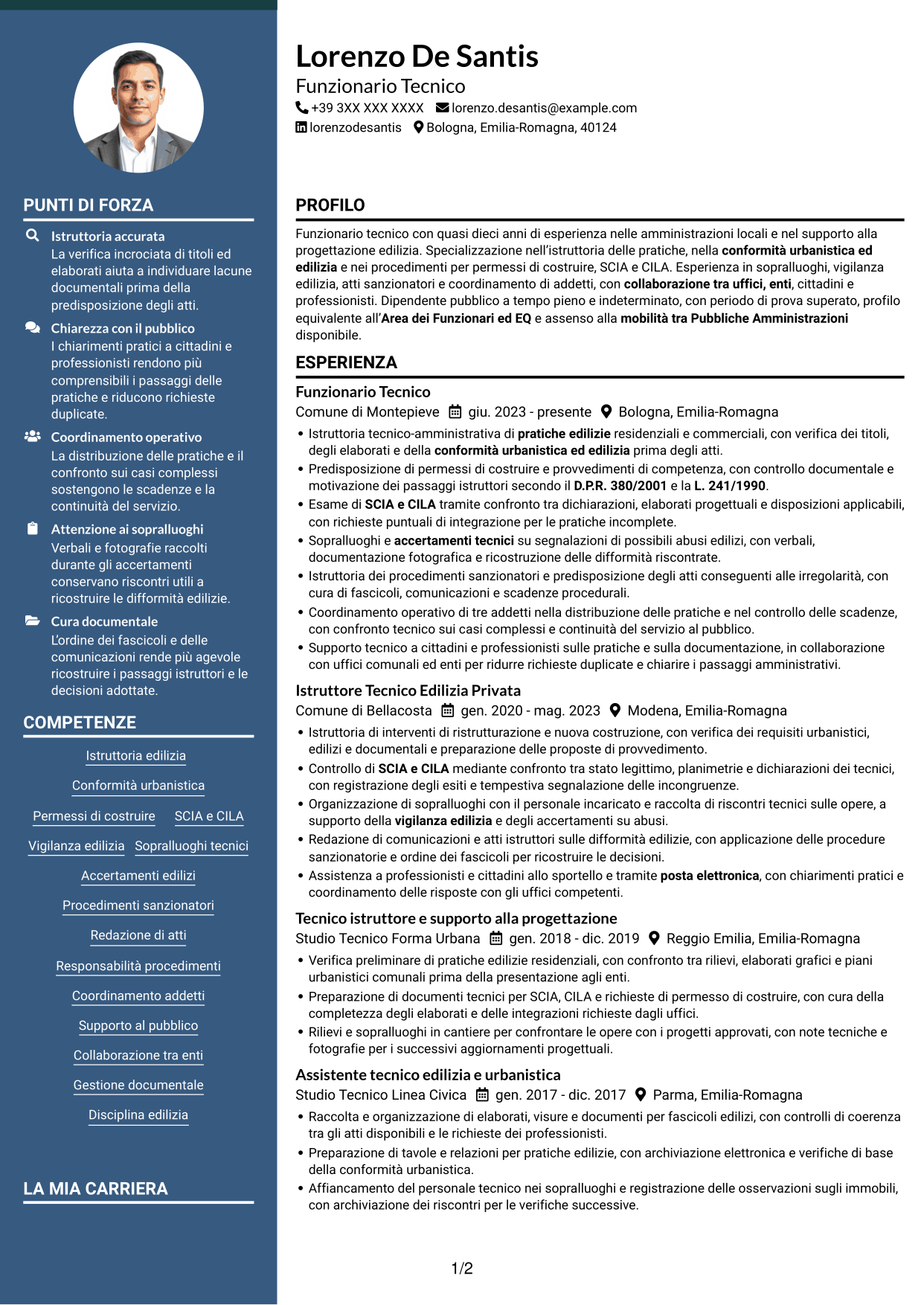 CV Elegante (formato con colonna laterale colorata e foto): Funzionario Tecnico - Edilizia e Urbanistica, pagina 1