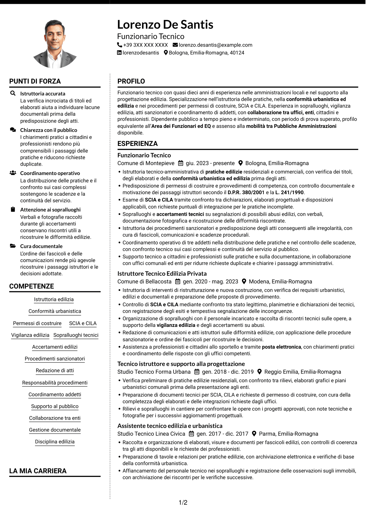 CV Moderno (formato a due colonne con foto a sinistra e separatore): Funzionario Tecnico - Edilizia e Urbanistica, pagina 1