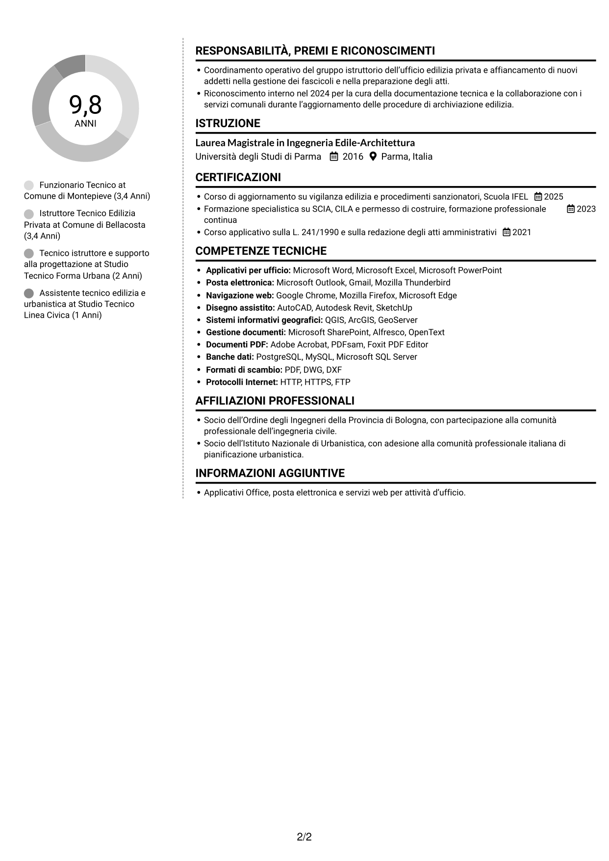CV Moderno (formato a due colonne con foto a sinistra e separatore): Funzionario Tecnico - Edilizia e Urbanistica, pagina 2