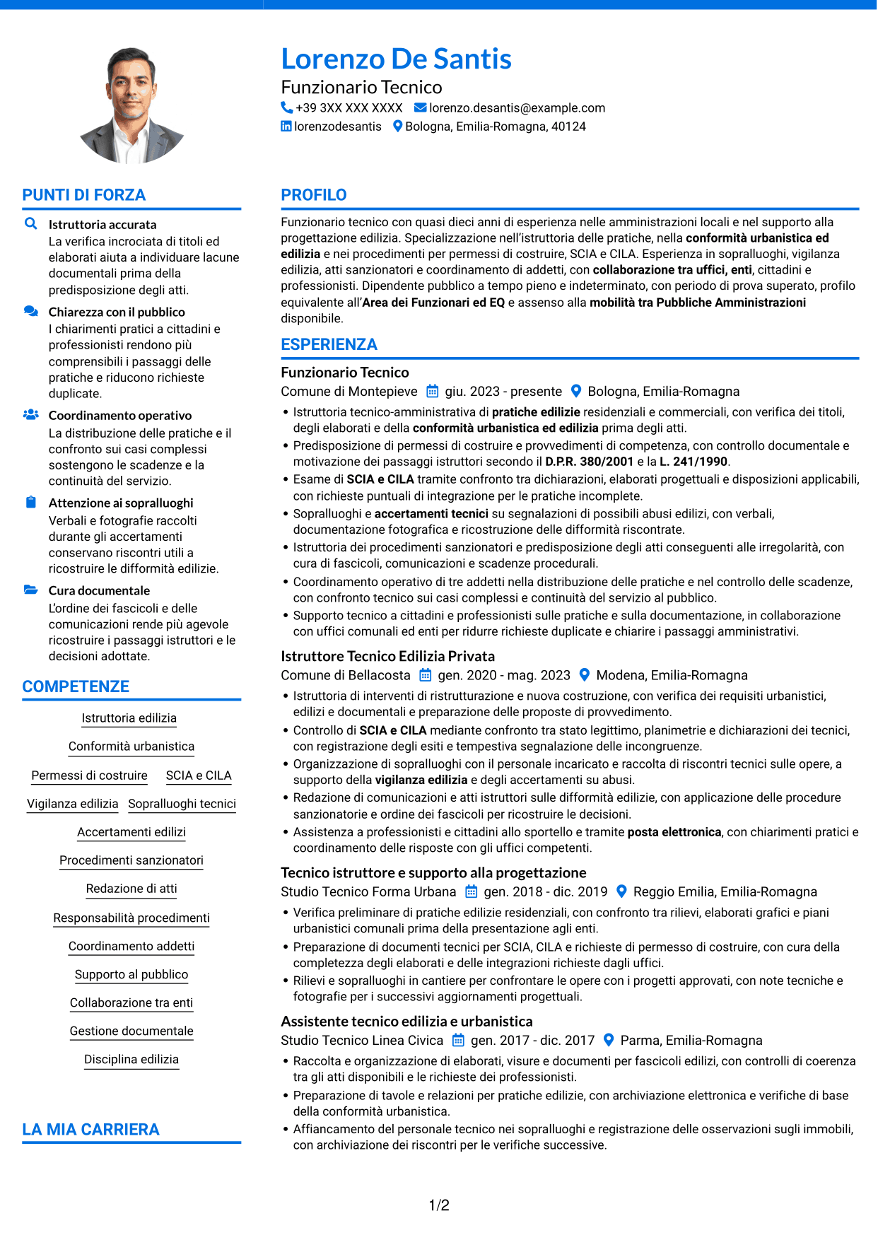 CV Audace (formato a due colonne con accenti colorati e foto): Funzionario Tecnico - Edilizia e Urbanistica, pagina 1