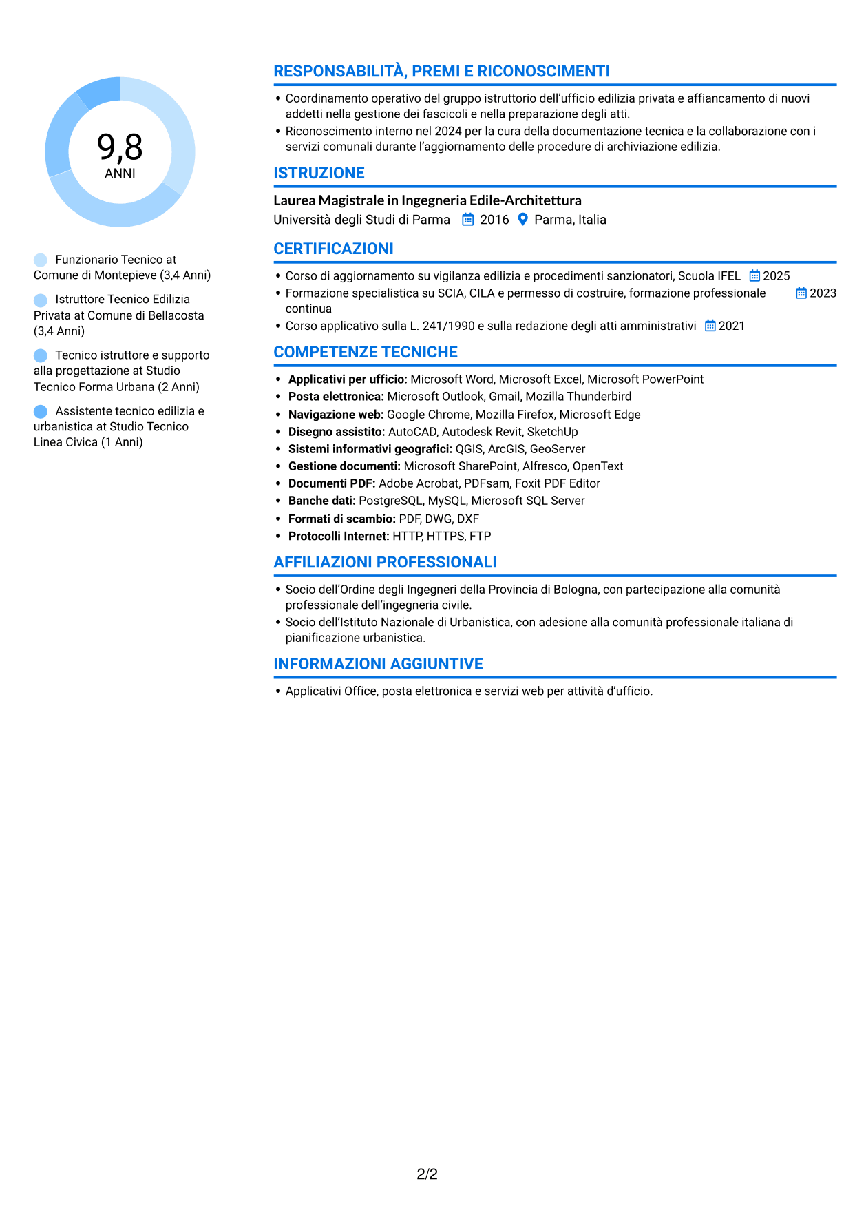 CV Audace (formato a due colonne con accenti colorati e foto): Funzionario Tecnico - Edilizia e Urbanistica, pagina 2