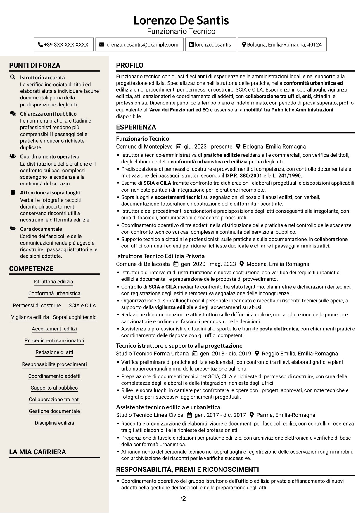 CV Intraprendente (formato a due colonne con intestazione centrata senza foto): Funzionario Tecnico - Edilizia e Urbanistica, pagina 1