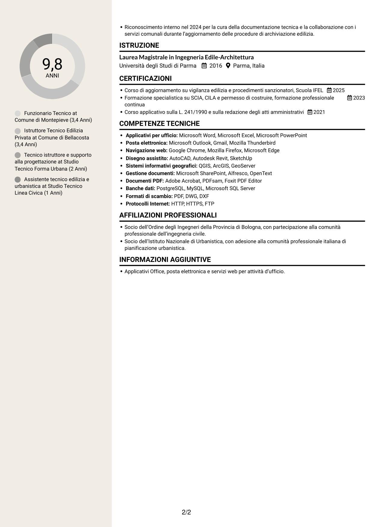 CV Intraprendente (formato a due colonne con intestazione centrata senza foto): Funzionario Tecnico - Edilizia e Urbanistica, pagina 2