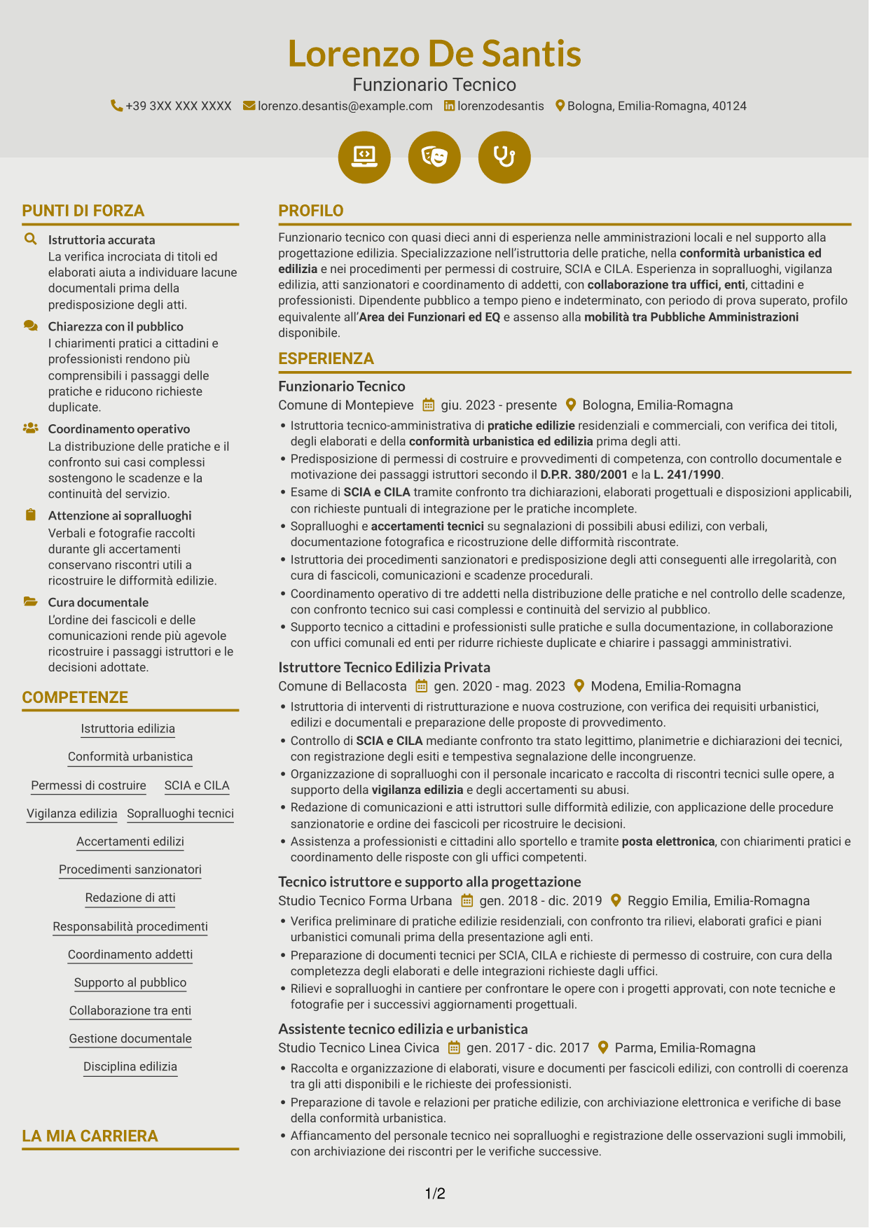CV Dinamico (formato a due colonne con icone): Funzionario Tecnico - Edilizia e Urbanistica, pagina 1