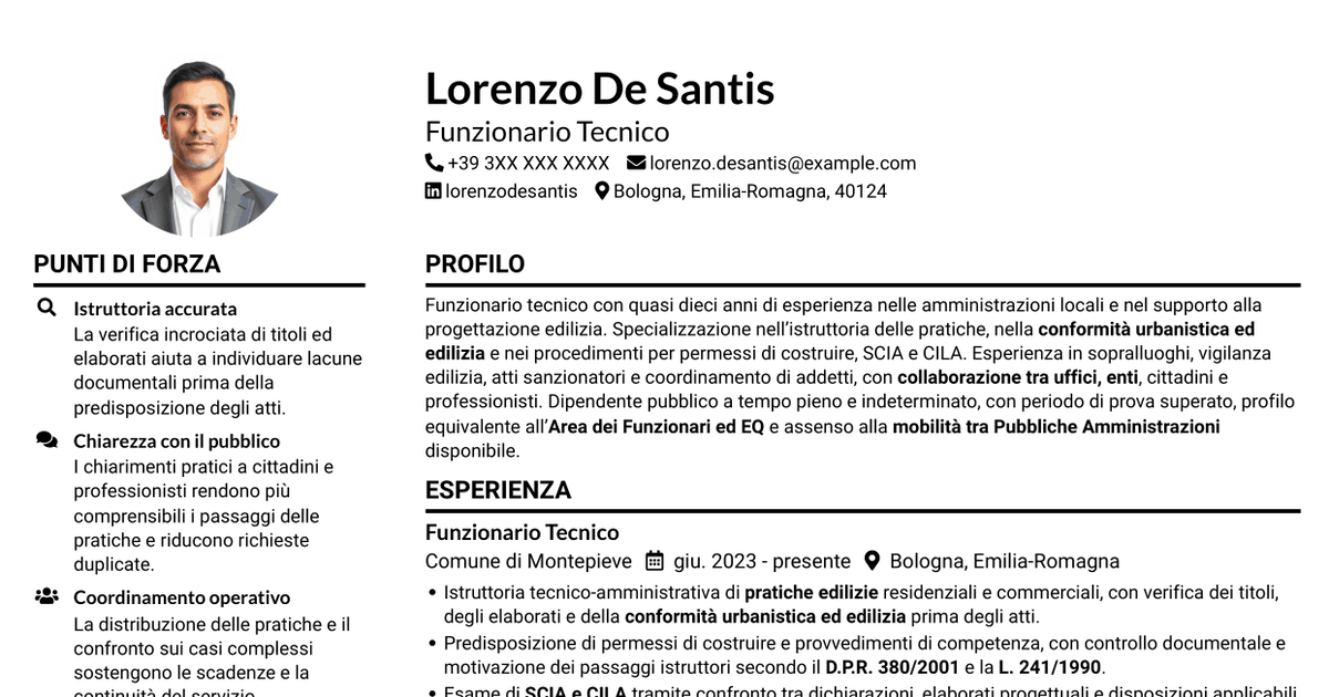 7 modelli di CV per Funzionario Tecnico - Edilizia e Urbanistica, con esempi