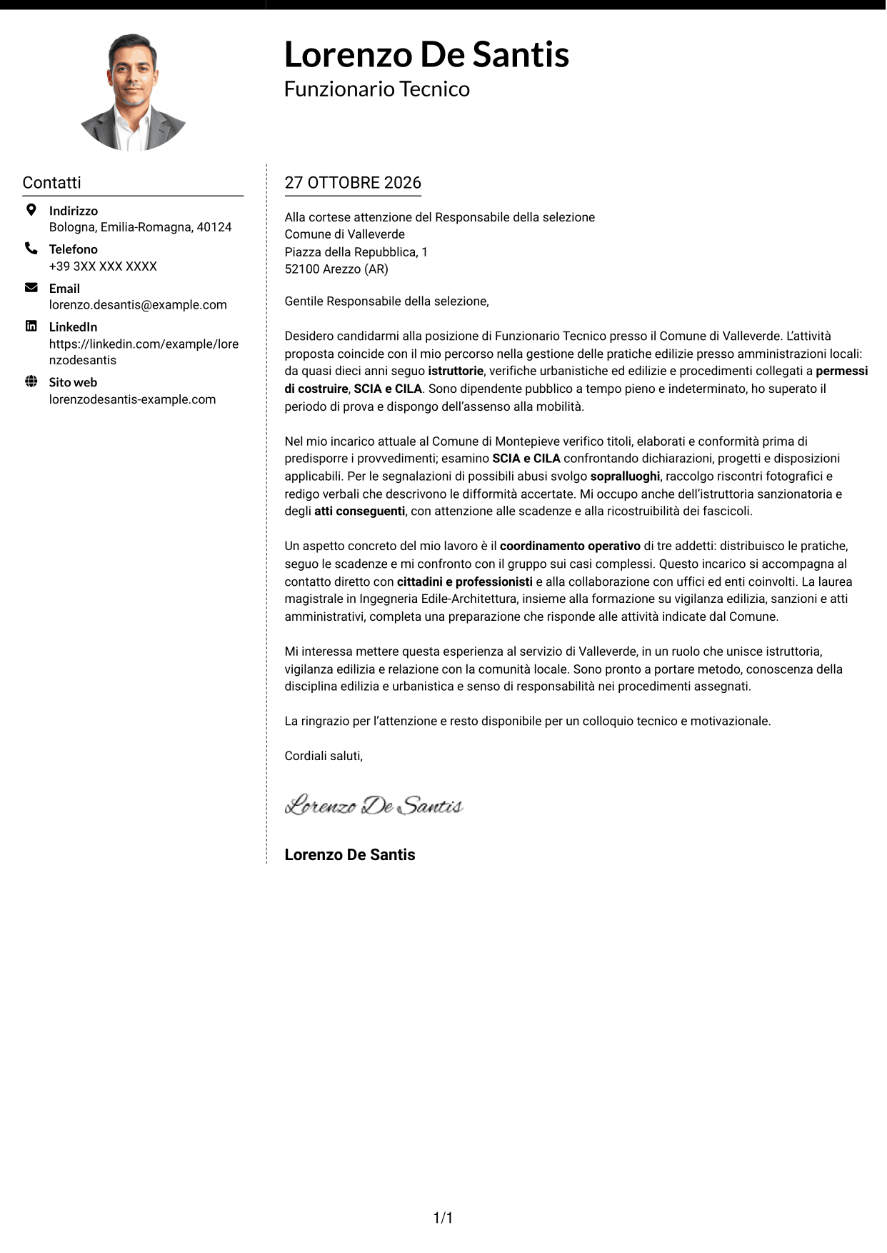 Lettera di presentazione Moderno (formato a due colonne con foto a sinistra e separatore): Funzionario Tecnico - Edilizia e Urbanistica, pagina 1