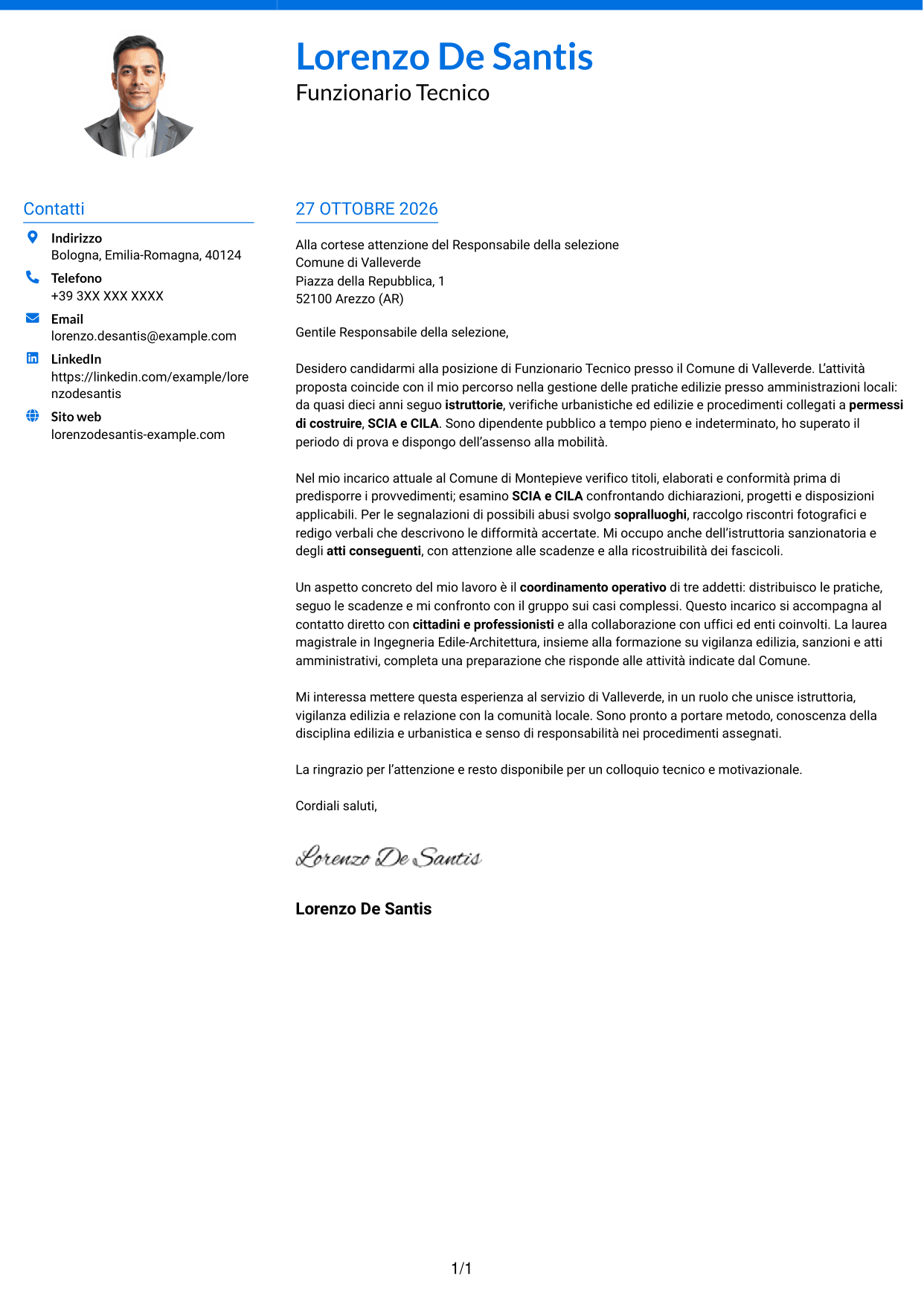 Lettera di presentazione Audace (formato a due colonne con accenti colorati e foto): Funzionario Tecnico - Edilizia e Urbanistica, pagina 1
