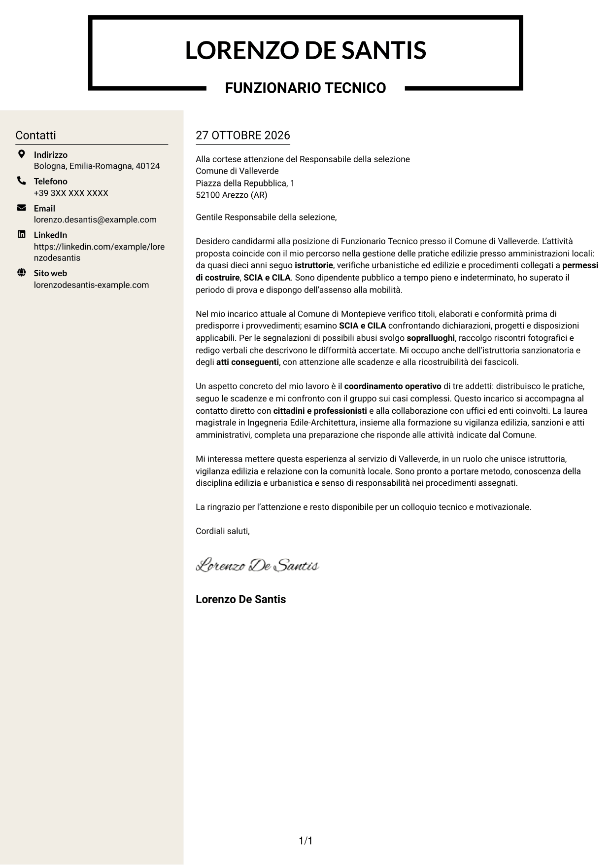 Lettera di presentazione Intraprendente (formato a due colonne con intestazione centrata senza foto): Funzionario Tecnico - Edilizia e Urbanistica, pagina 1