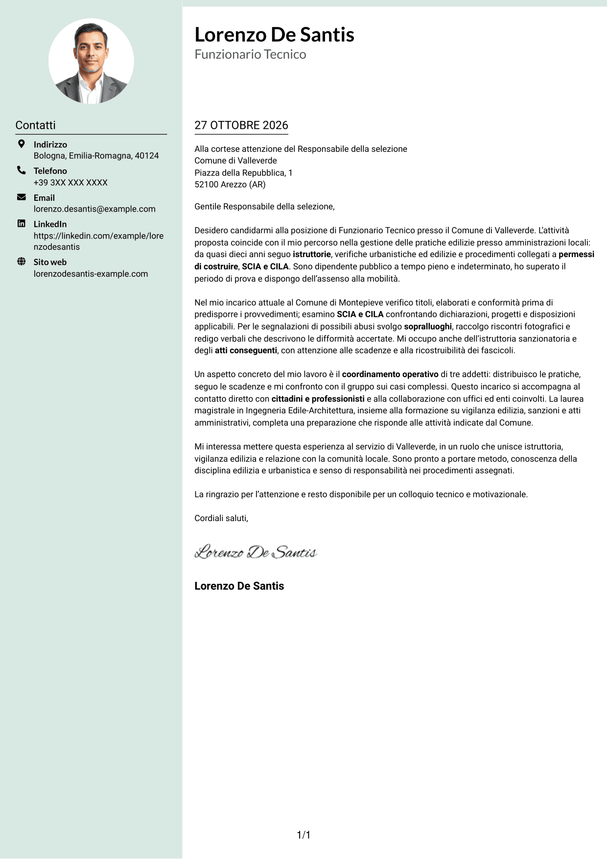 Lettera di presentazione Dirigente (formato con colonna laterale tenue e foto arrotondata): Funzionario Tecnico - Edilizia e Urbanistica, pagina 1
