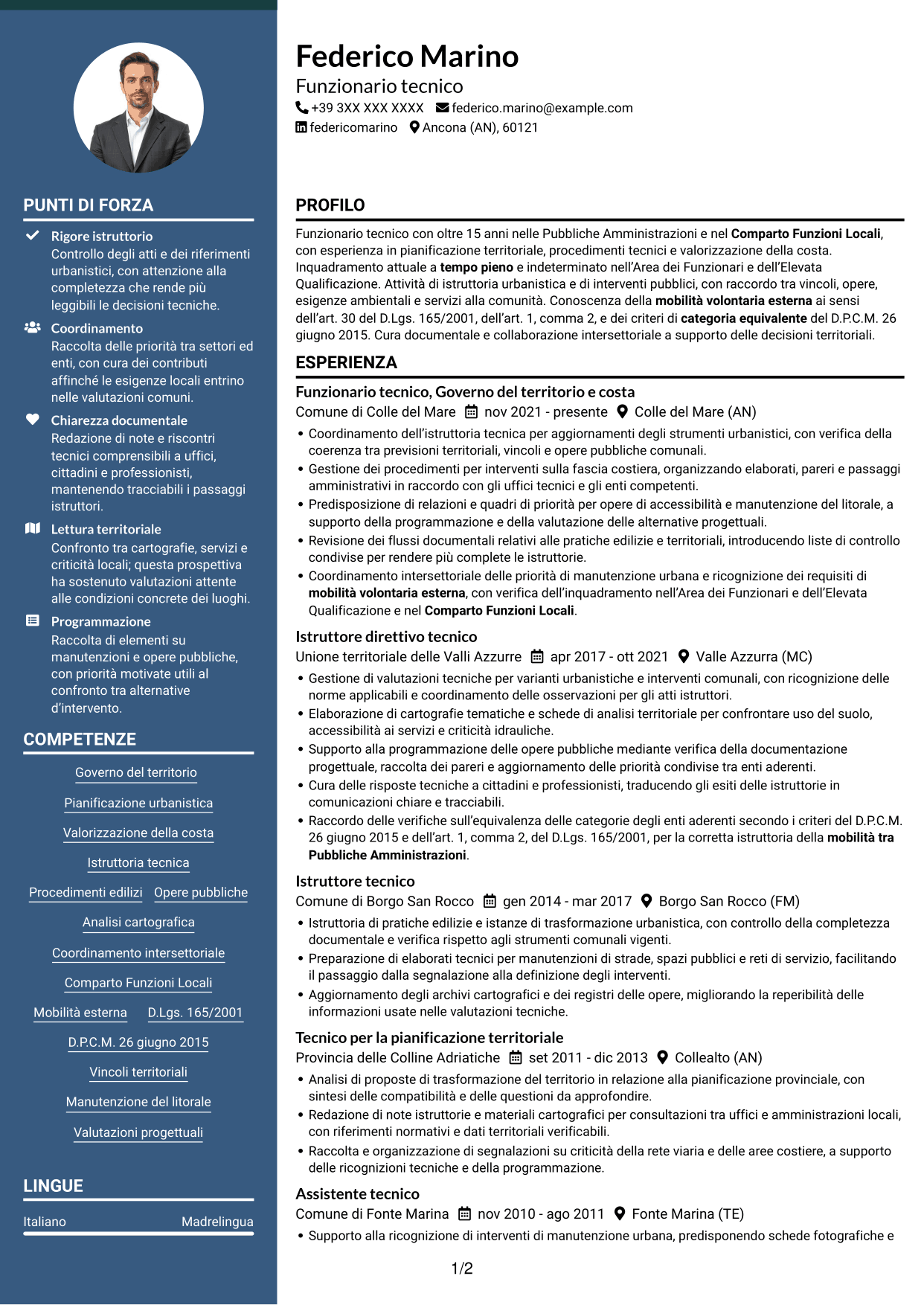 CV Elegante (formato con colonna laterale colorata e foto): Funzionario tecnico - Governo del territorio e valorizzazione della costa, pagina 1