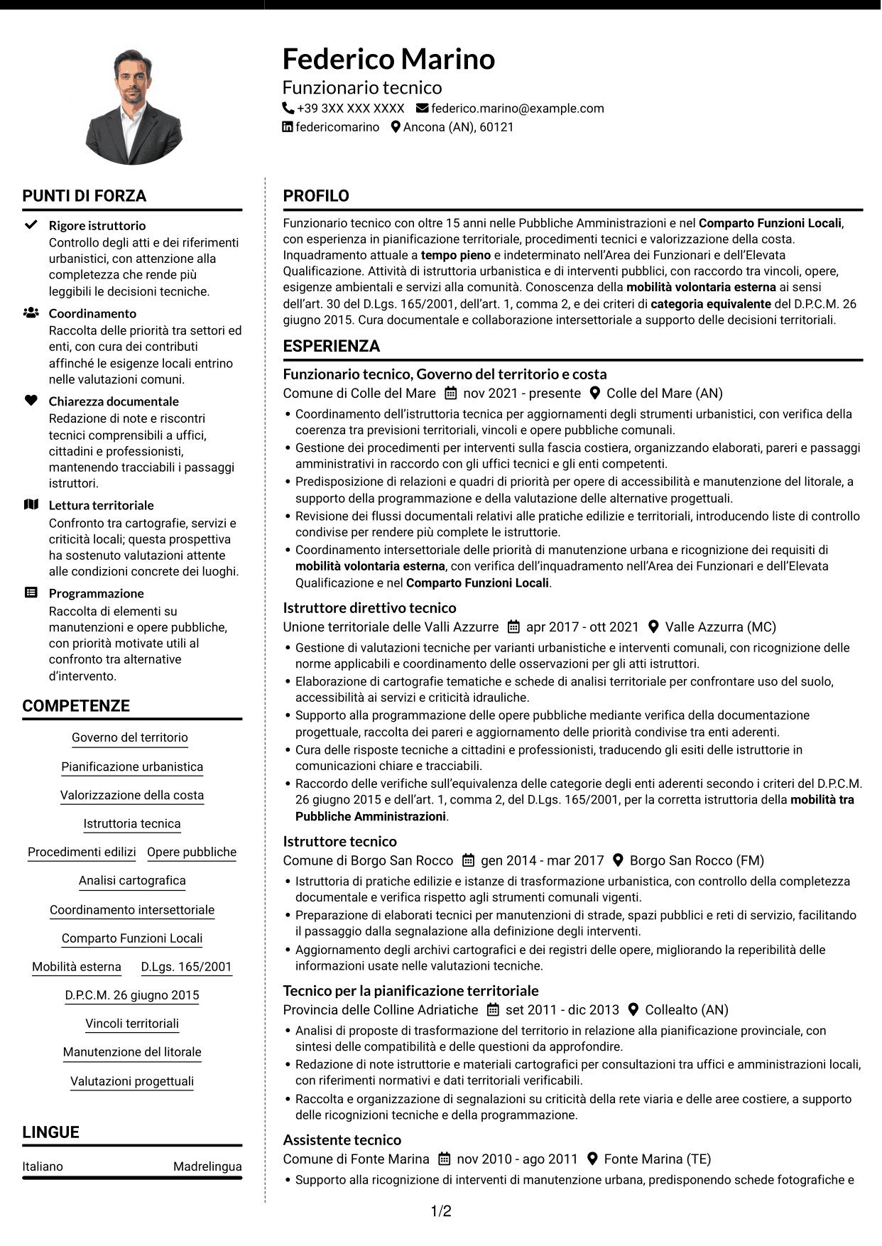 CV Moderno (formato a due colonne con foto a sinistra e separatore): Funzionario tecnico - Governo del territorio e valorizzazione della costa, pagina 1