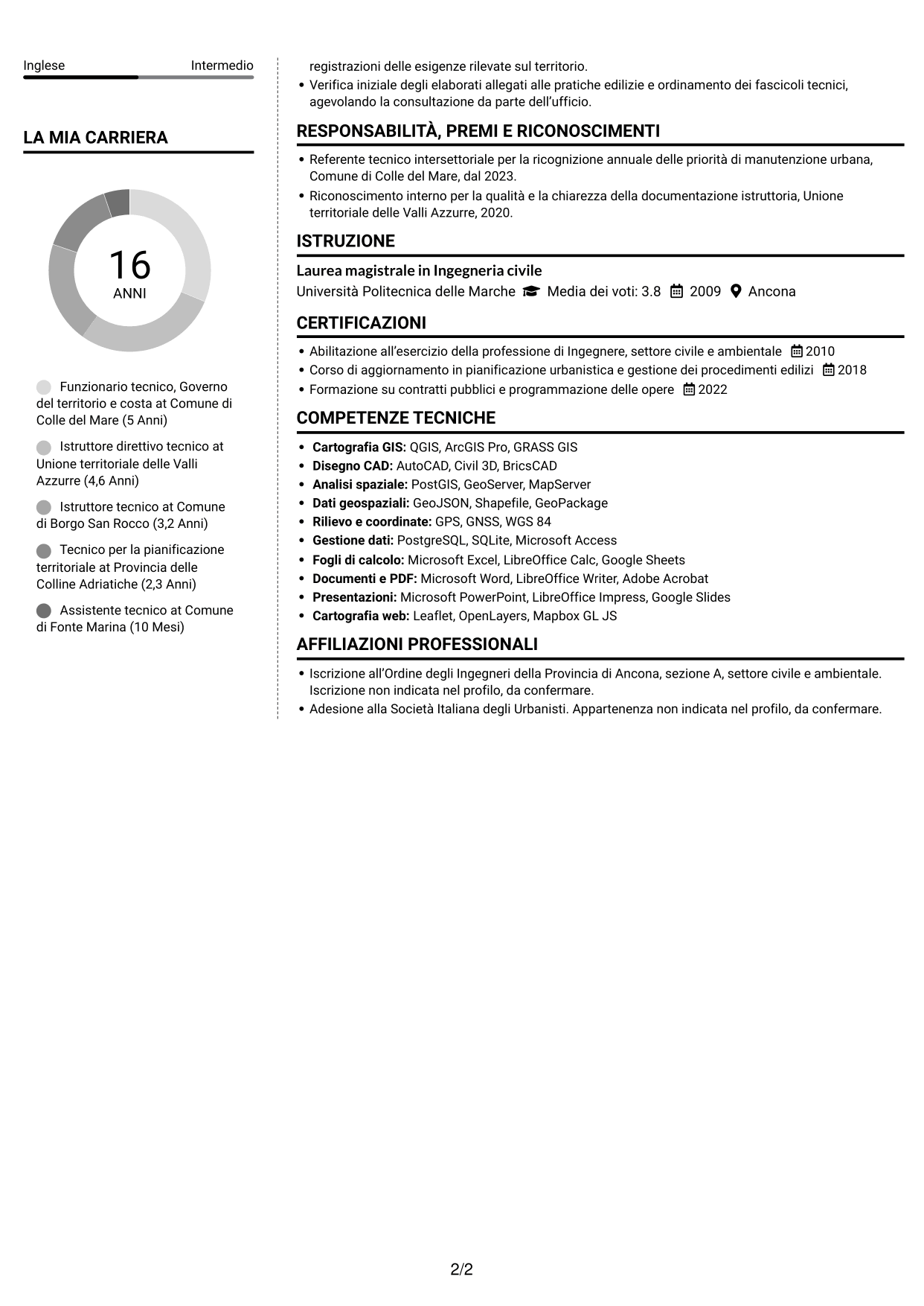 CV Moderno (formato a due colonne con foto a sinistra e separatore): Funzionario tecnico - Governo del territorio e valorizzazione della costa, pagina 2