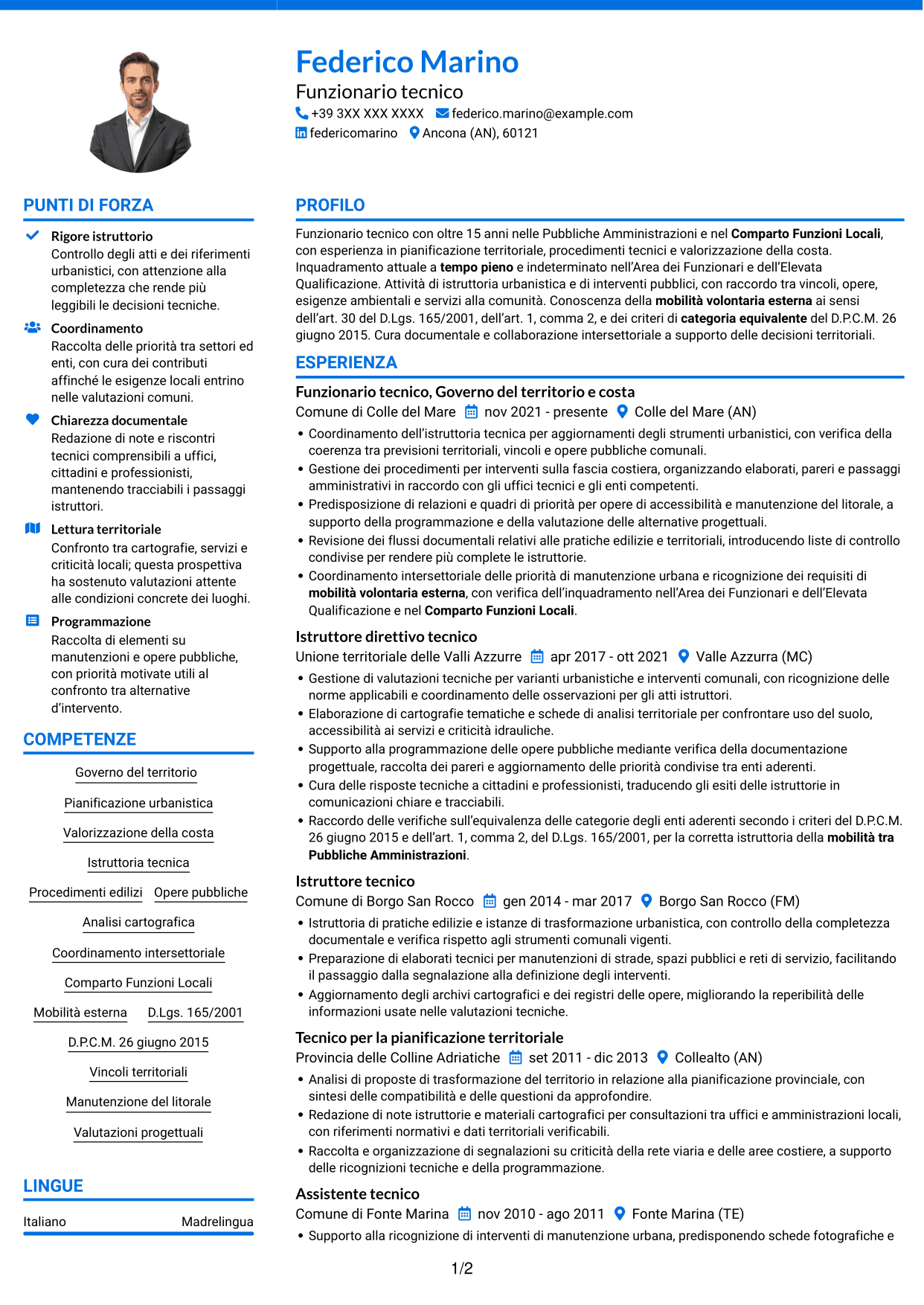 CV Audace (formato a due colonne con accenti colorati e foto): Funzionario tecnico - Governo del territorio e valorizzazione della costa, pagina 1