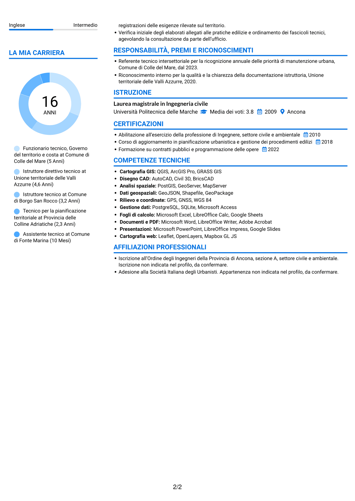 CV Audace (formato a due colonne con accenti colorati e foto): Funzionario tecnico - Governo del territorio e valorizzazione della costa, pagina 2