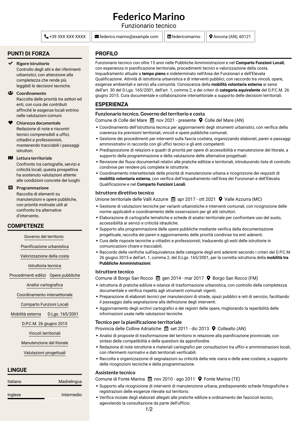 CV Intraprendente (formato a due colonne con intestazione centrata senza foto): Funzionario tecnico - Governo del territorio e valorizzazione della costa, pagina 1