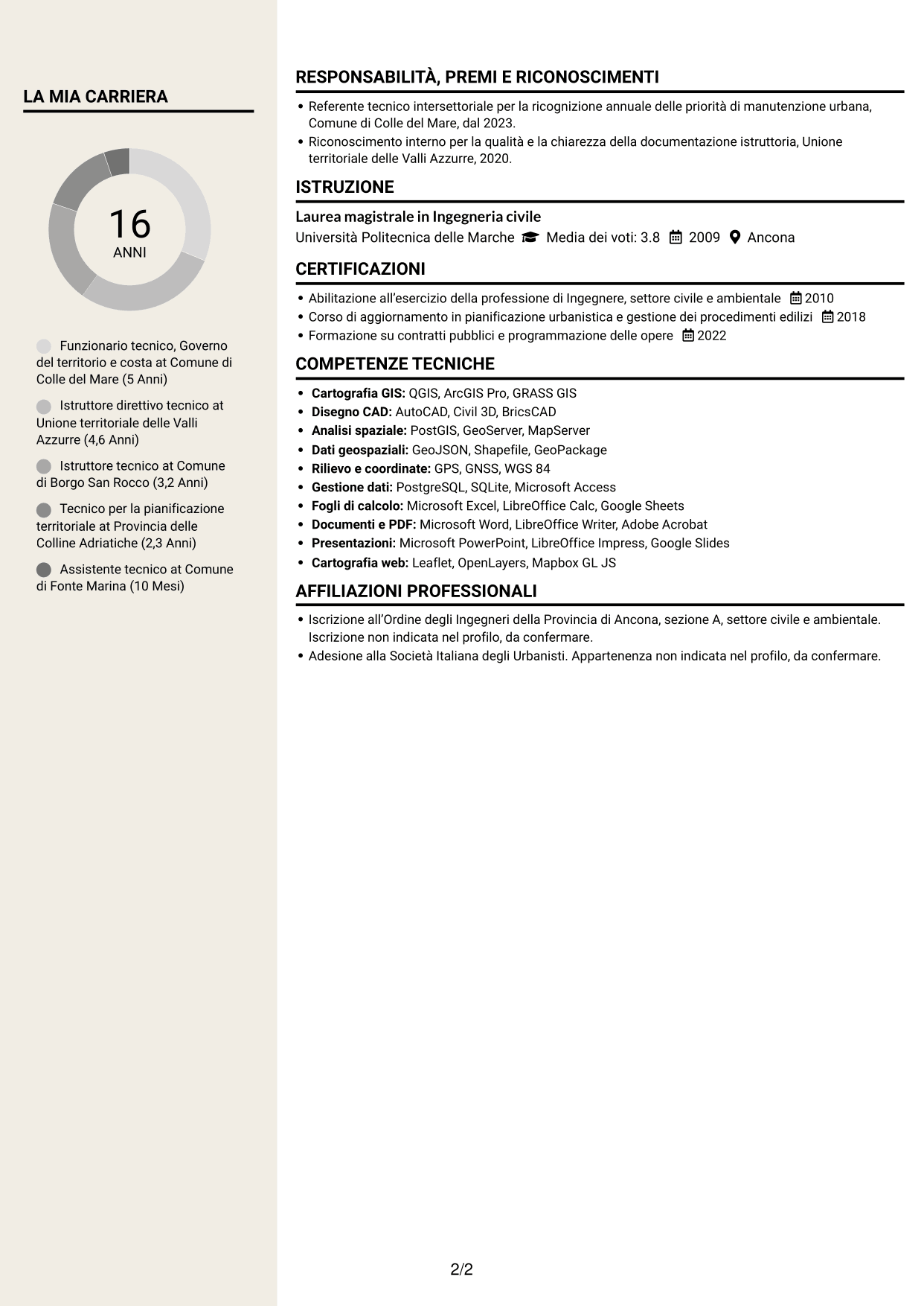 CV Intraprendente (formato a due colonne con intestazione centrata senza foto): Funzionario tecnico - Governo del territorio e valorizzazione della costa, pagina 2