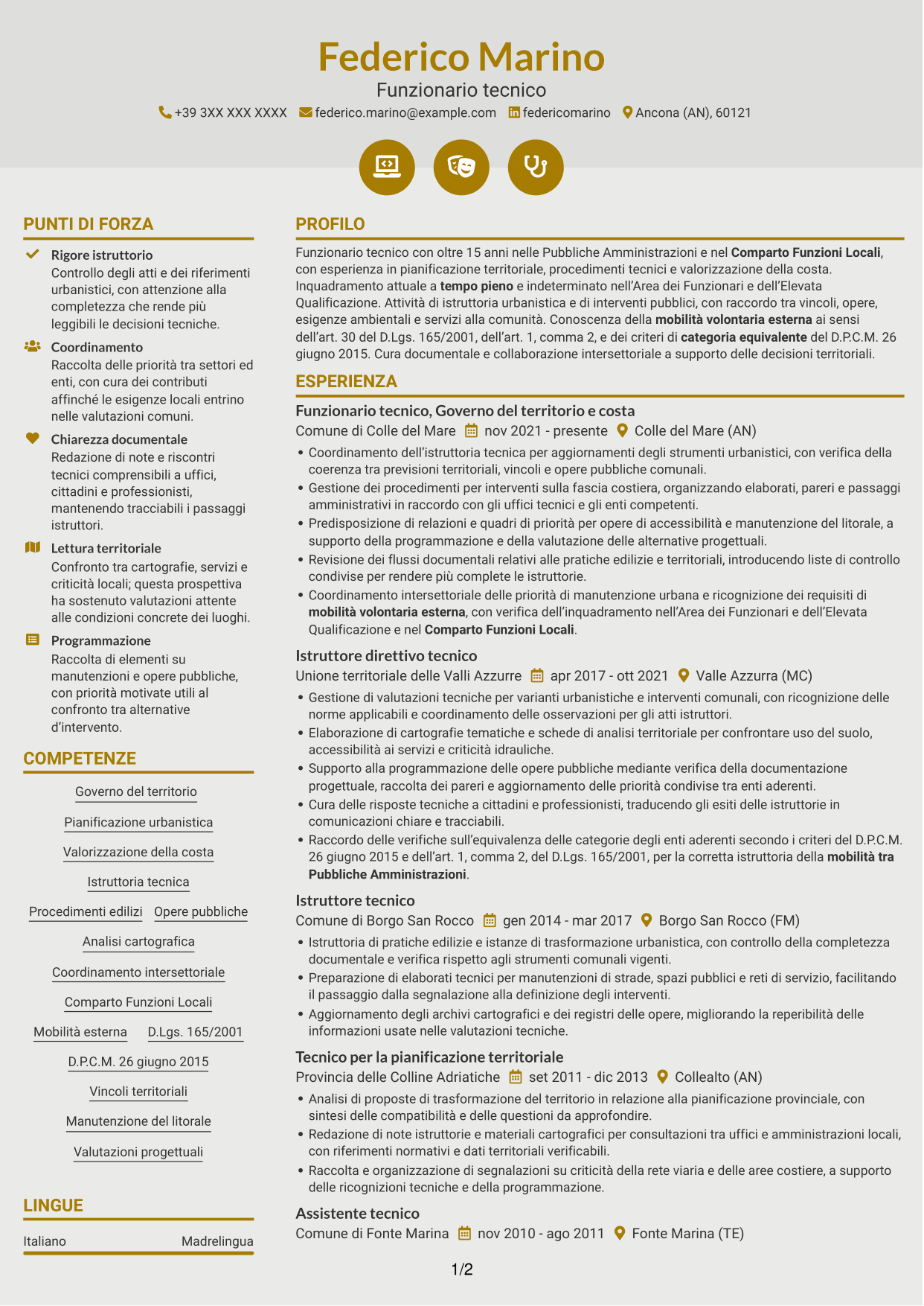 CV Dinamico (formato a due colonne con icone): Funzionario tecnico - Governo del territorio e valorizzazione della costa, pagina 1